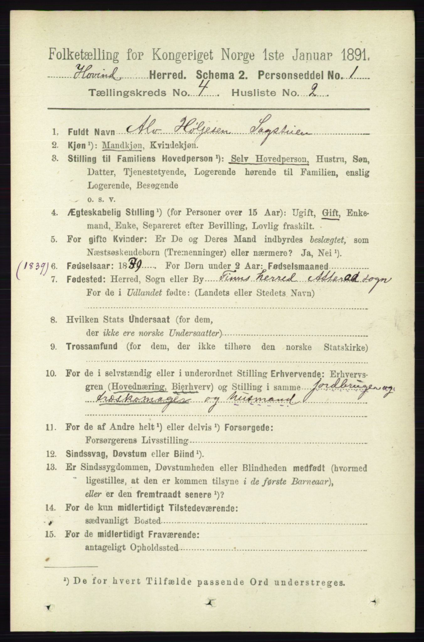 RA, 1891 census for 0825 Hovin, 1891, p. 817