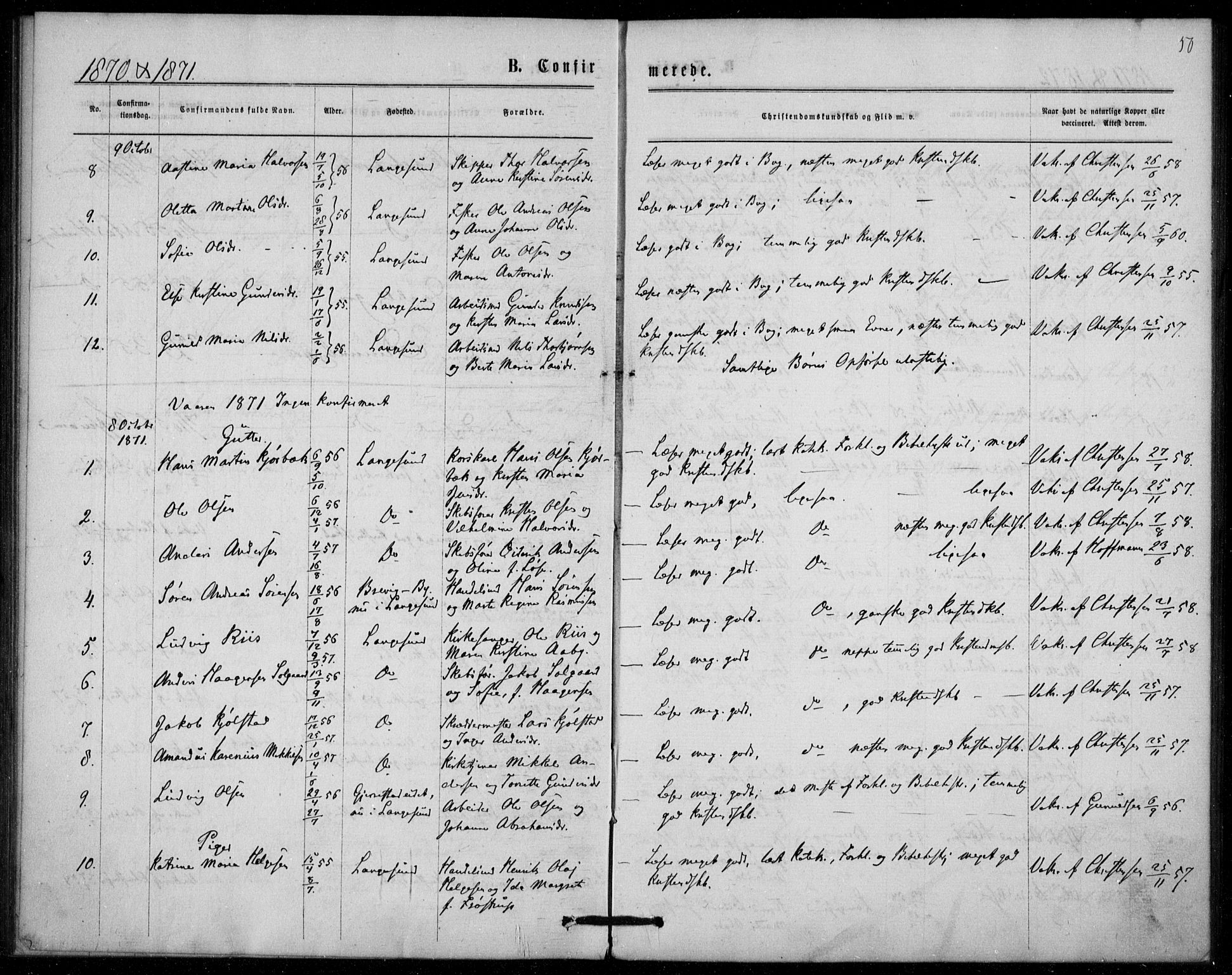 Langesund kirkebøker, SAKO/A-280/F/Fa/L0001: Parish register (official) no. 1, 1870-1877, p. 50