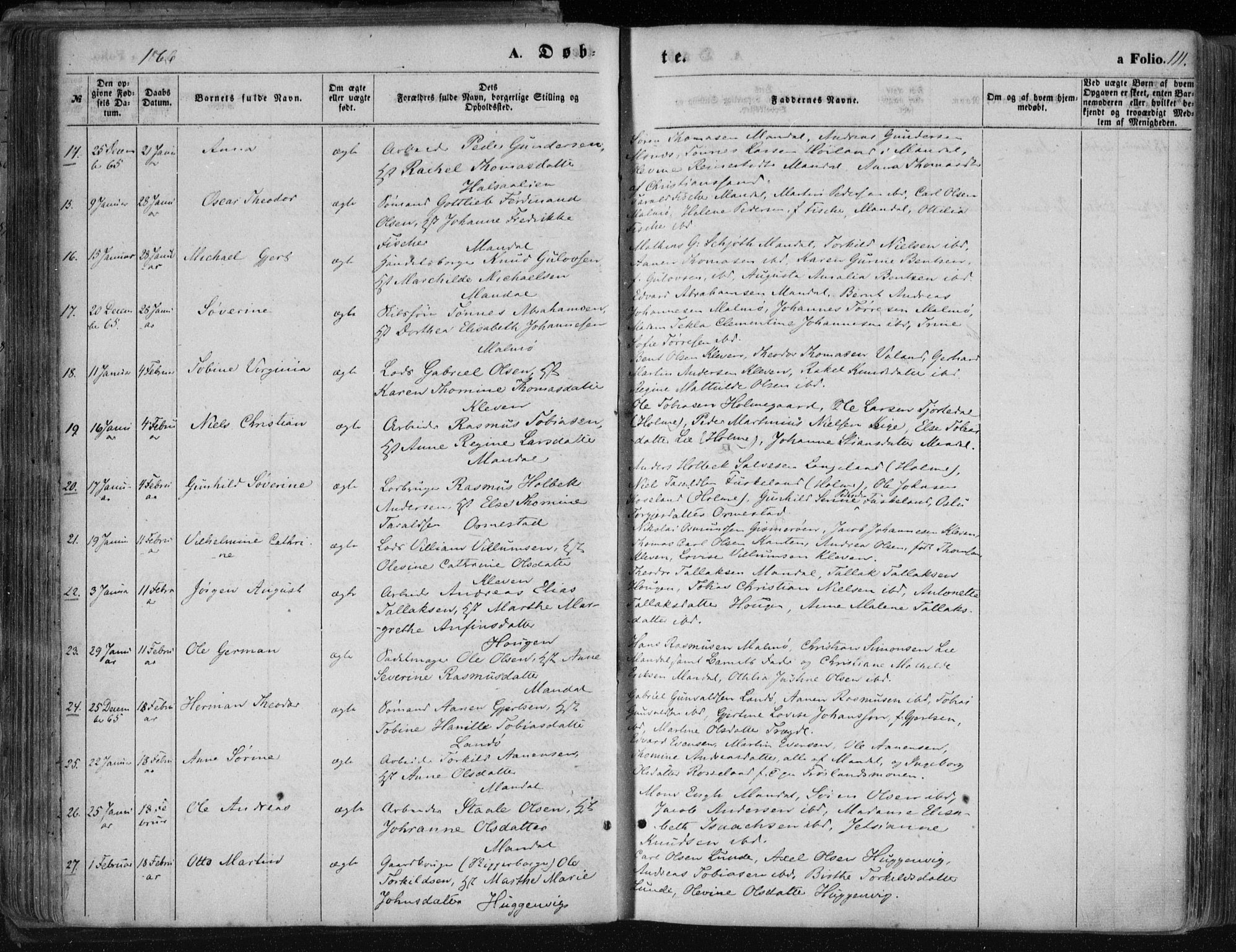 Mandal sokneprestkontor, AV/SAK-1111-0030/F/Fa/Faa/L0014: Parish register (official) no. A 14, 1859-1872, p. 111