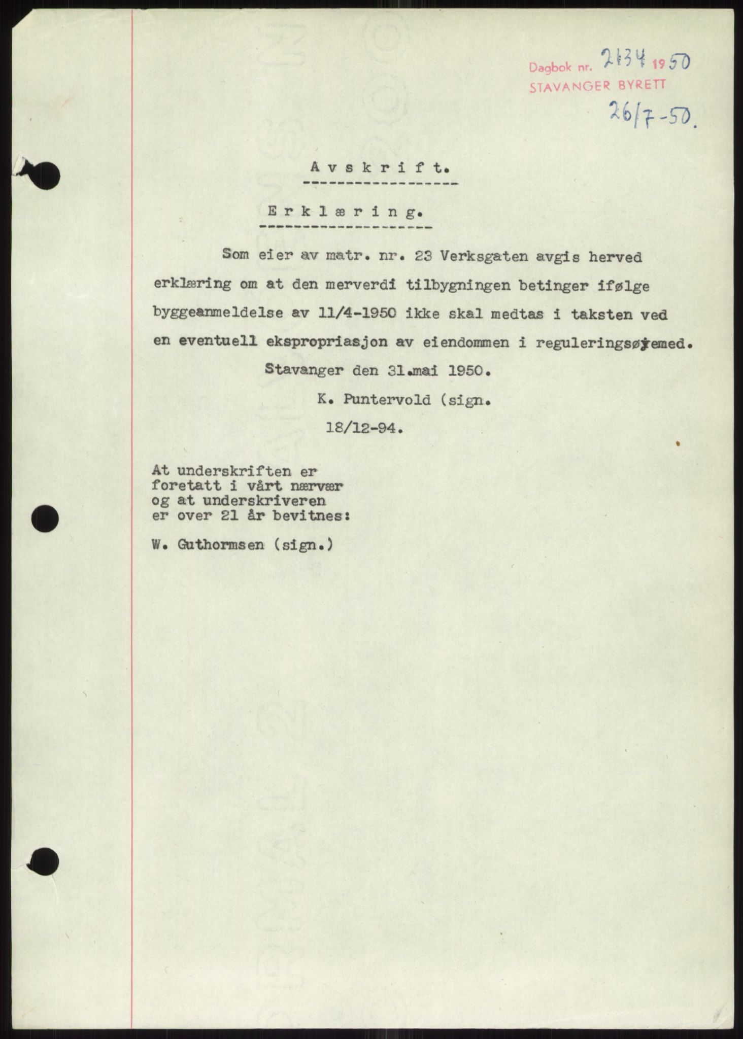 Stavanger byrett, SAST/A-100455/002/G/Gb/L0032: Mortgage book, 1947-1950, Diary no: : 2134/1950