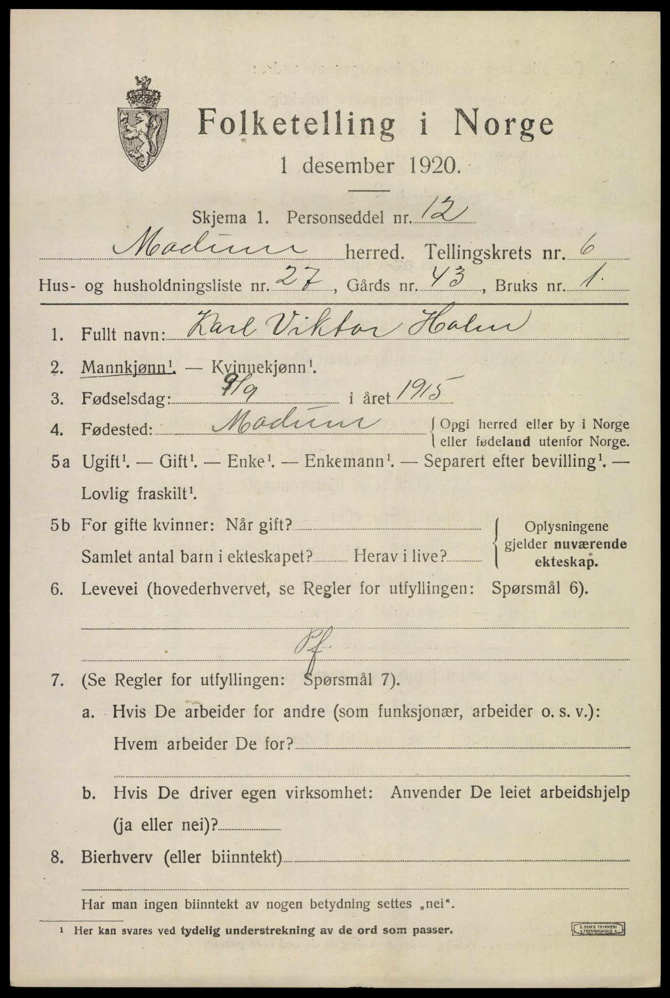 SAKO, 1920 census for Modum, 1920, p. 8997