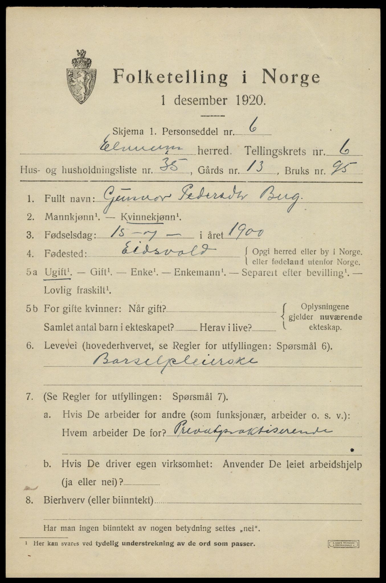 SAH, 1920 census for Elverum, 1920, p. 9710