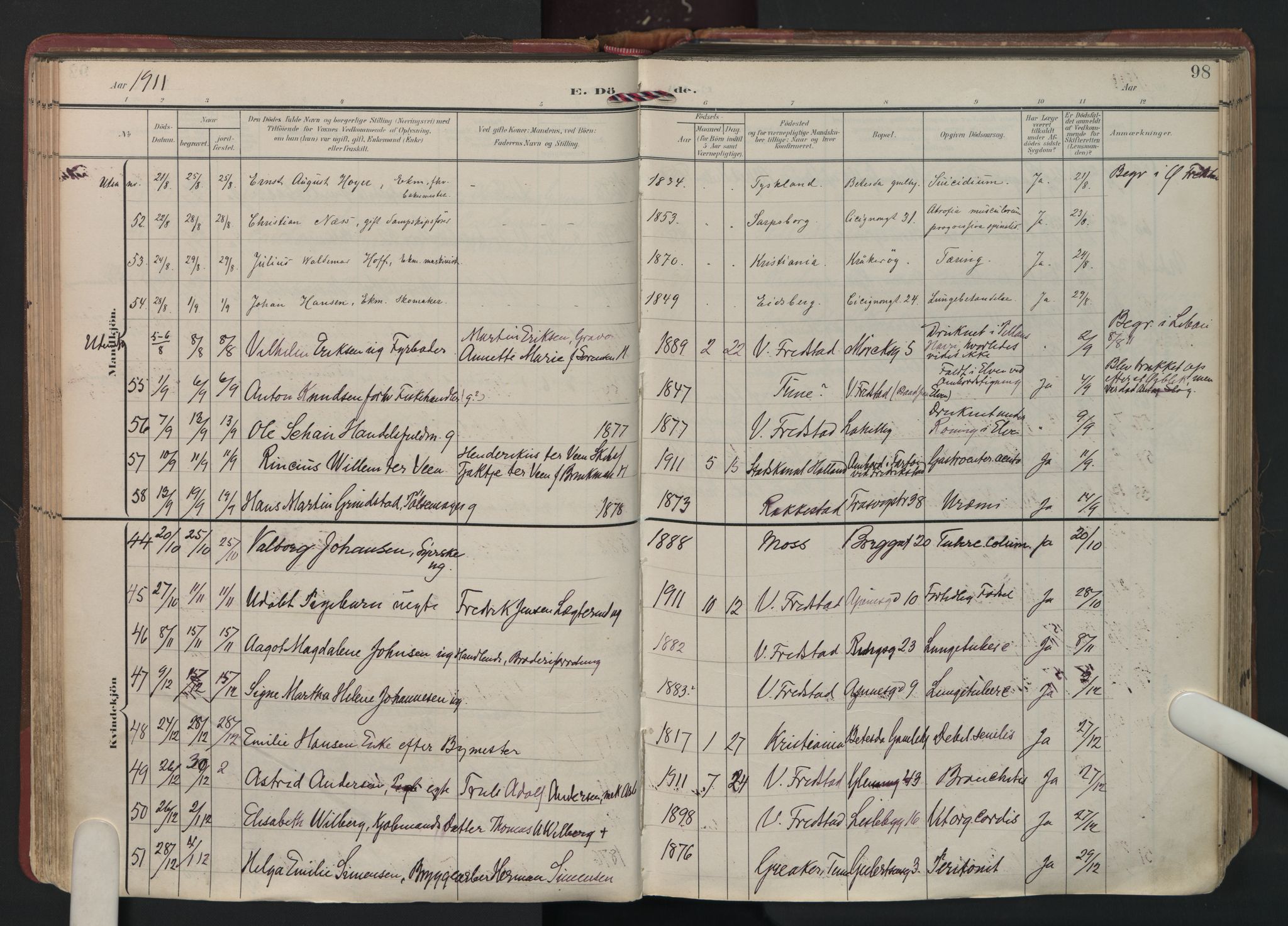 Fredrikstad domkirkes prestekontor Kirkebøker, AV/SAO-A-10906/F/Fa/L0008: Parish register (official) no. I 8, 1902-1936, p. 98