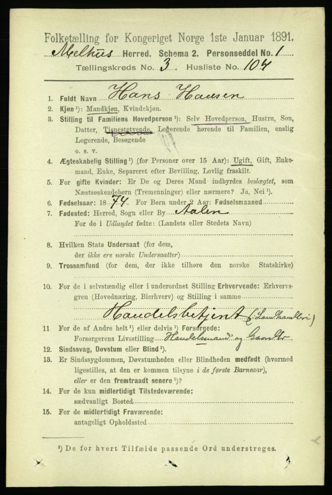 RA, 1891 census for 1653 Melhus, 1891, p. 1898