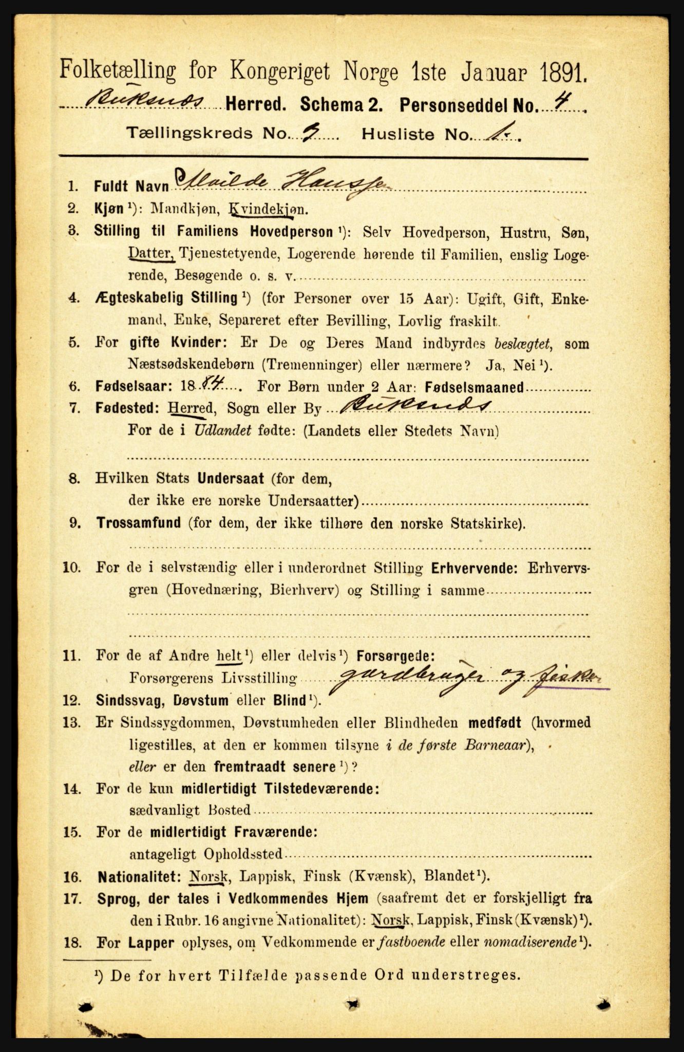 RA, 1891 census for 1860 Buksnes, 1891, p. 2207