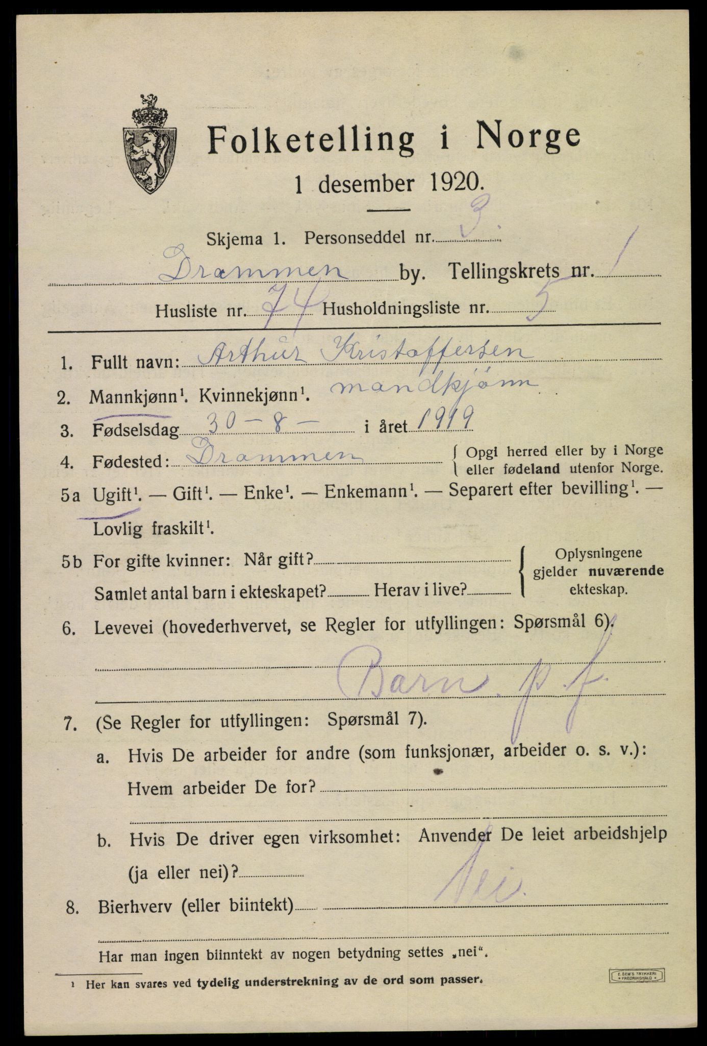 SAKO, 1920 census for Drammen, 1920, p. 20009