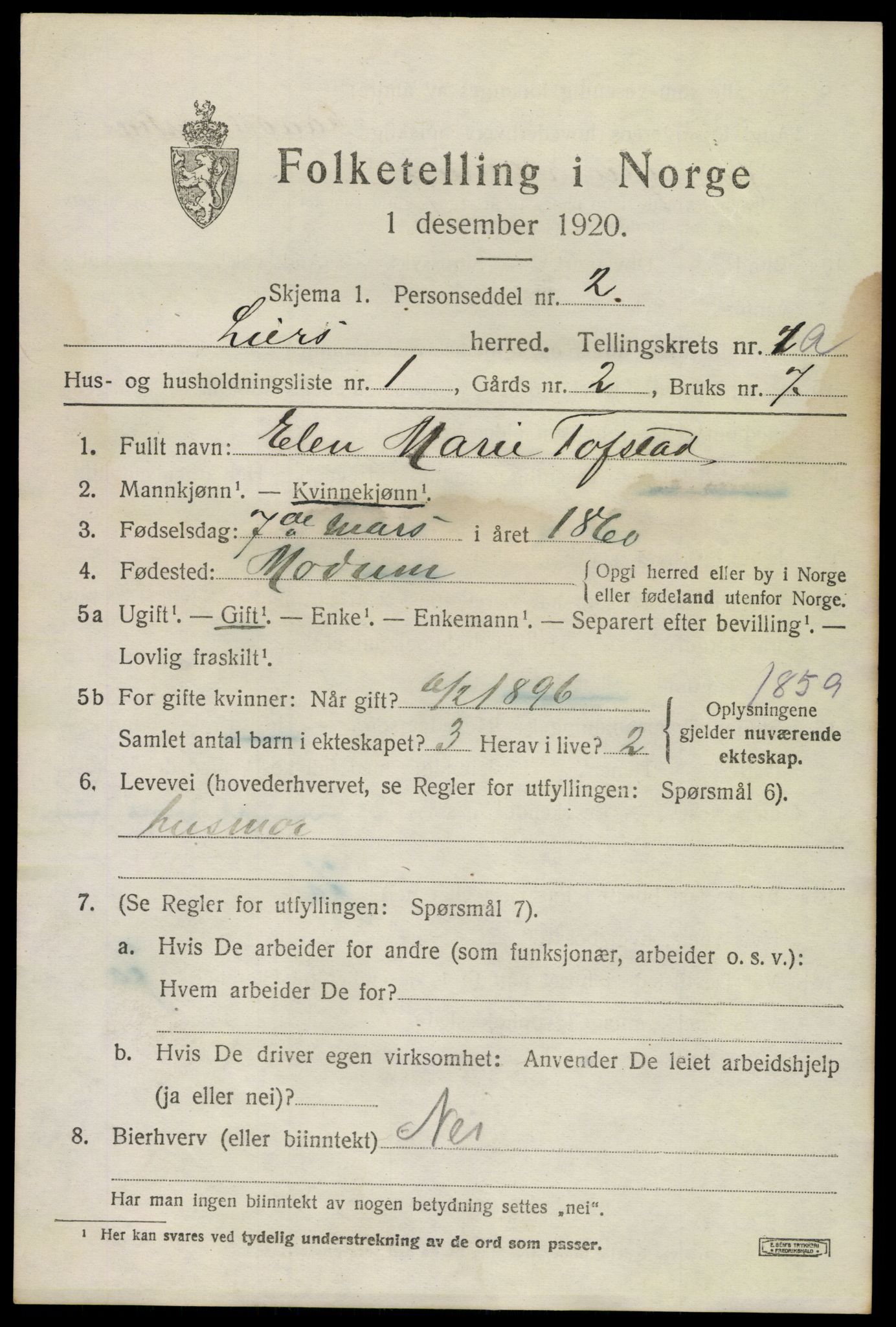 SAKO, 1920 census for Lier, 1920, p. 3226