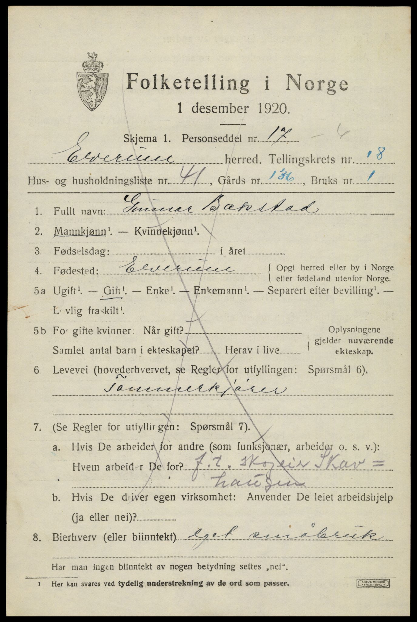 SAH, 1920 census for Elverum, 1920, p. 22526