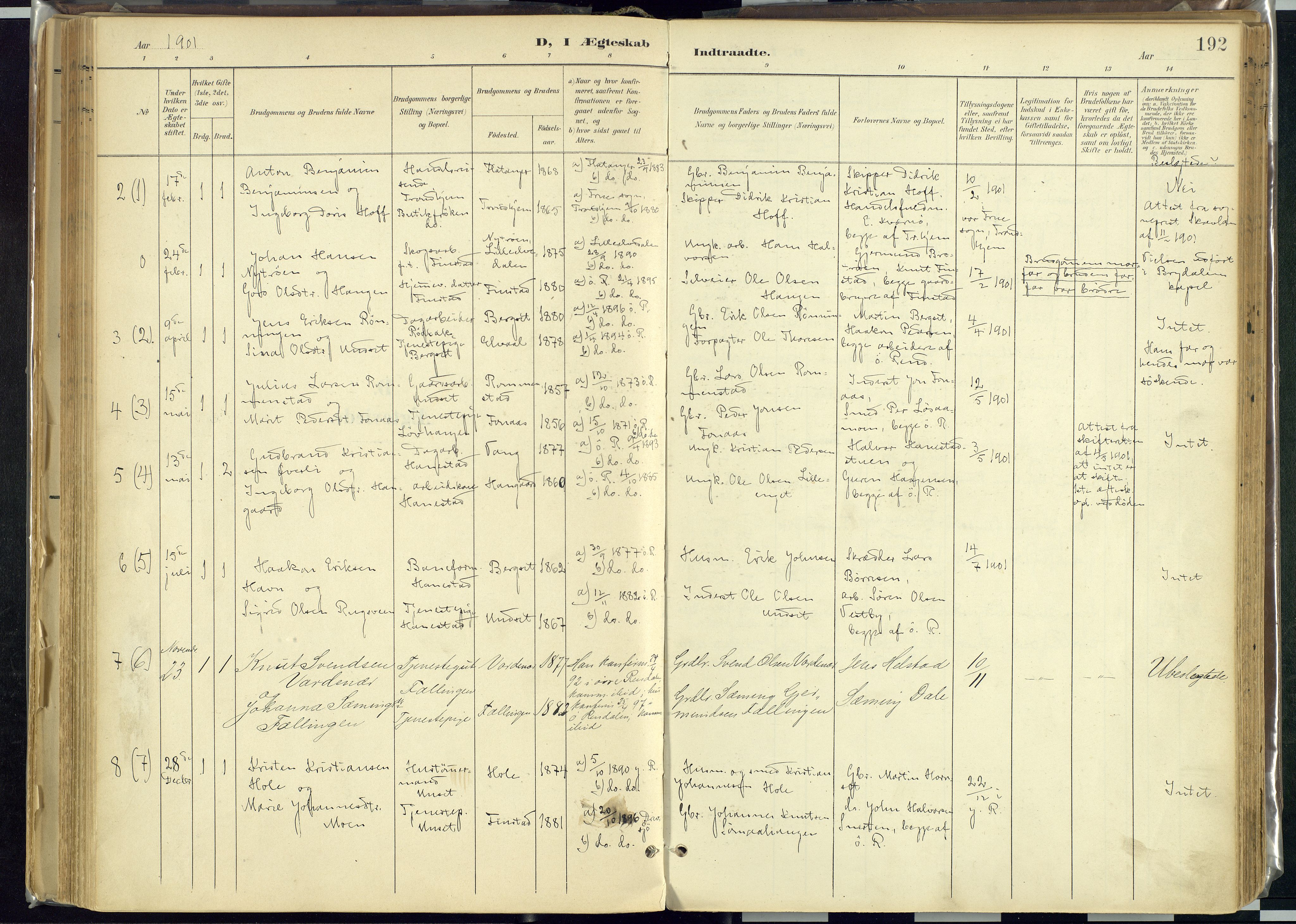 Rendalen prestekontor, SAH/PREST-054/H/Ha/Haa/L0012: Parish register (official) no. 12, 1901-1928, p. 192