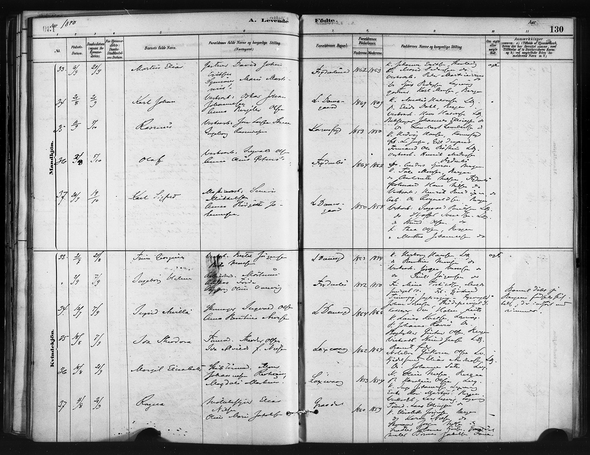 Askøy Sokneprestembete, SAB/A-74101/H/Ha/Haa/Haae/L0002: Parish register (official) no. E 2, 1878-1891, p. 130