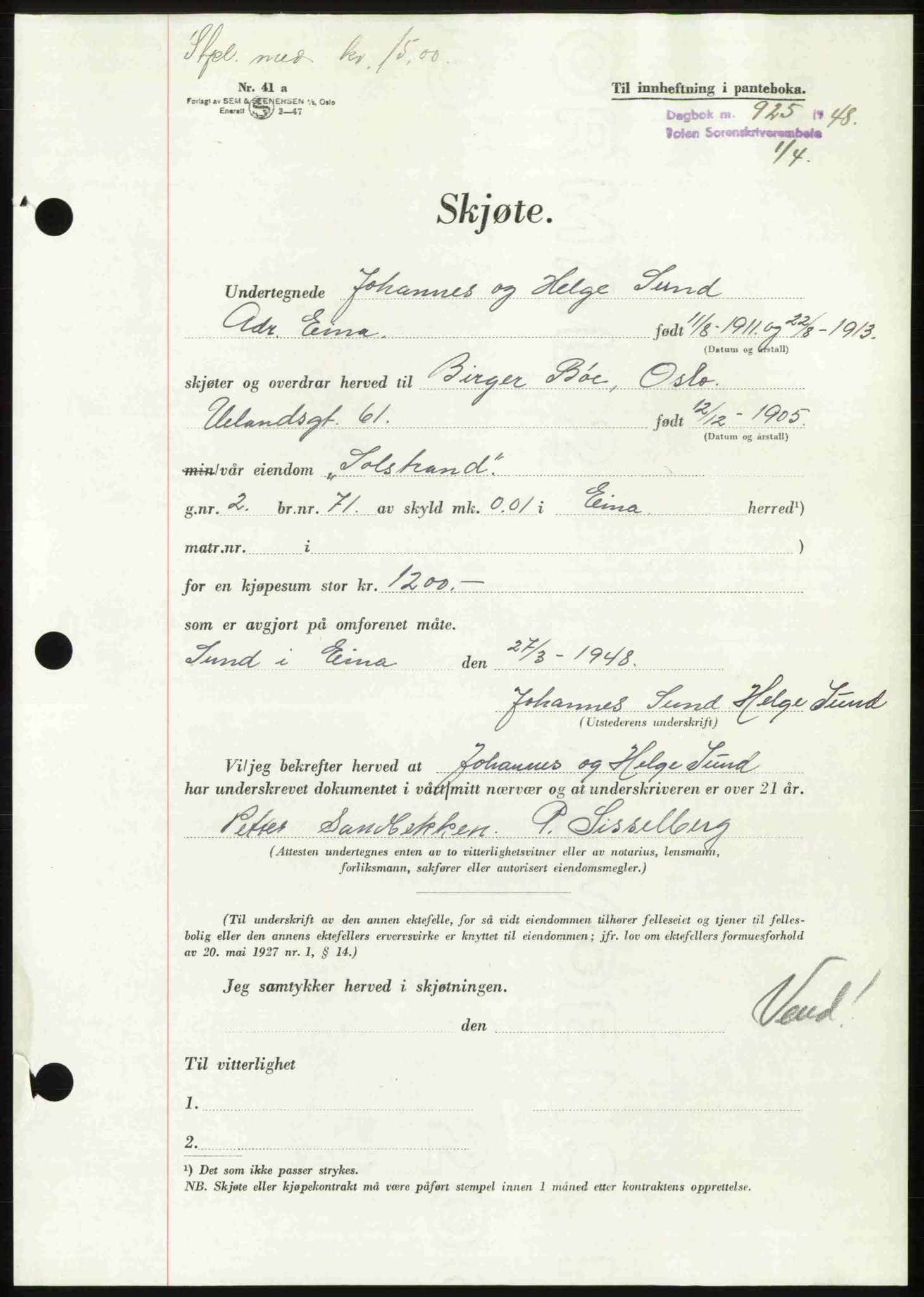 Toten tingrett, AV/SAH-TING-006/H/Hb/Hbc/L0019: Mortgage book no. Hbc-19, 1947-1948, Diary no: : 925/1948