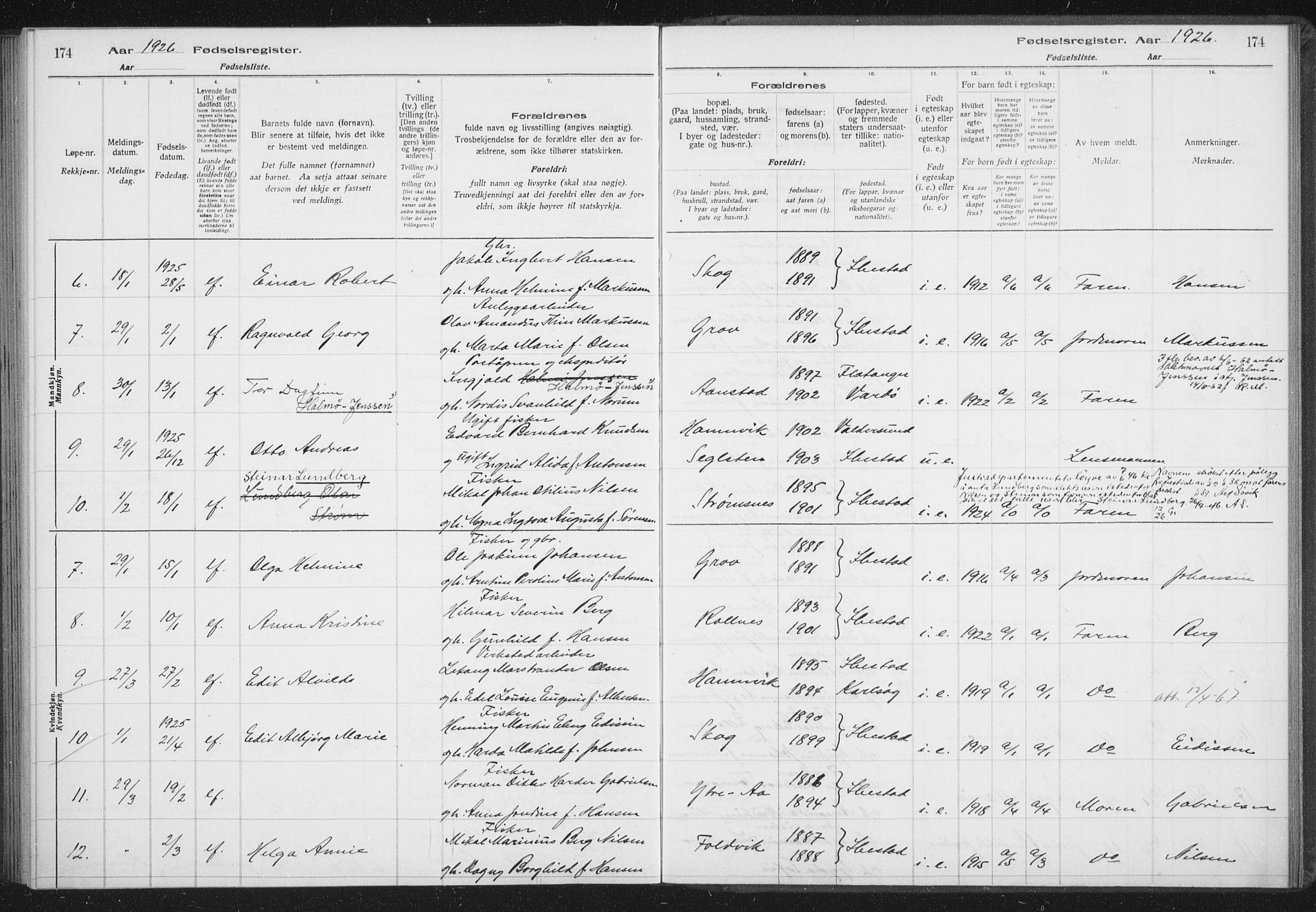 Ibestad sokneprestembete, SATØ/S-0077/I/Ic/L0061: Birth register no. 61, 1917-1929, p. 174