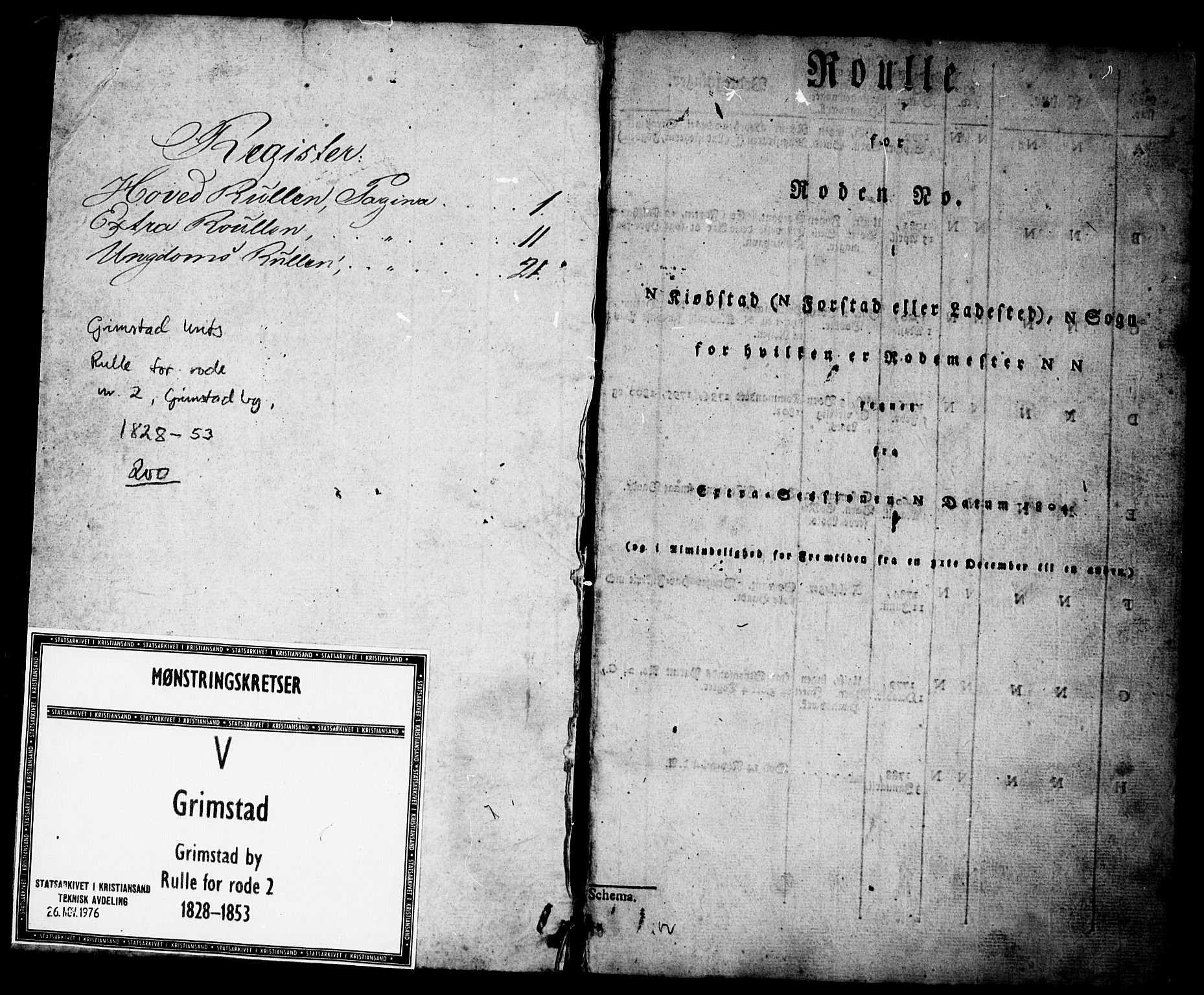 Grimstad mønstringskrets, AV/SAK-2031-0013/F/Fd/L0001: Rulle for rode 2 Grimstad by, V-16, 1828-1853, p. 1