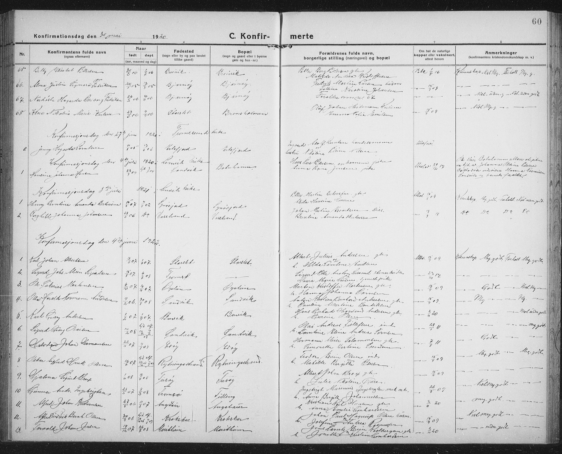 Lenvik sokneprestembete, SATØ/S-1310/H/Ha/Hab/L0023klokker: Parish register (copy) no. 23, 1918-1936, p. 60