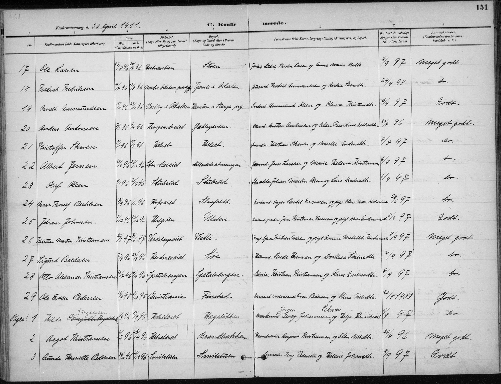 Stange prestekontor, AV/SAH-PREST-002/K/L0023: Parish register (official) no. 23, 1897-1920, p. 151