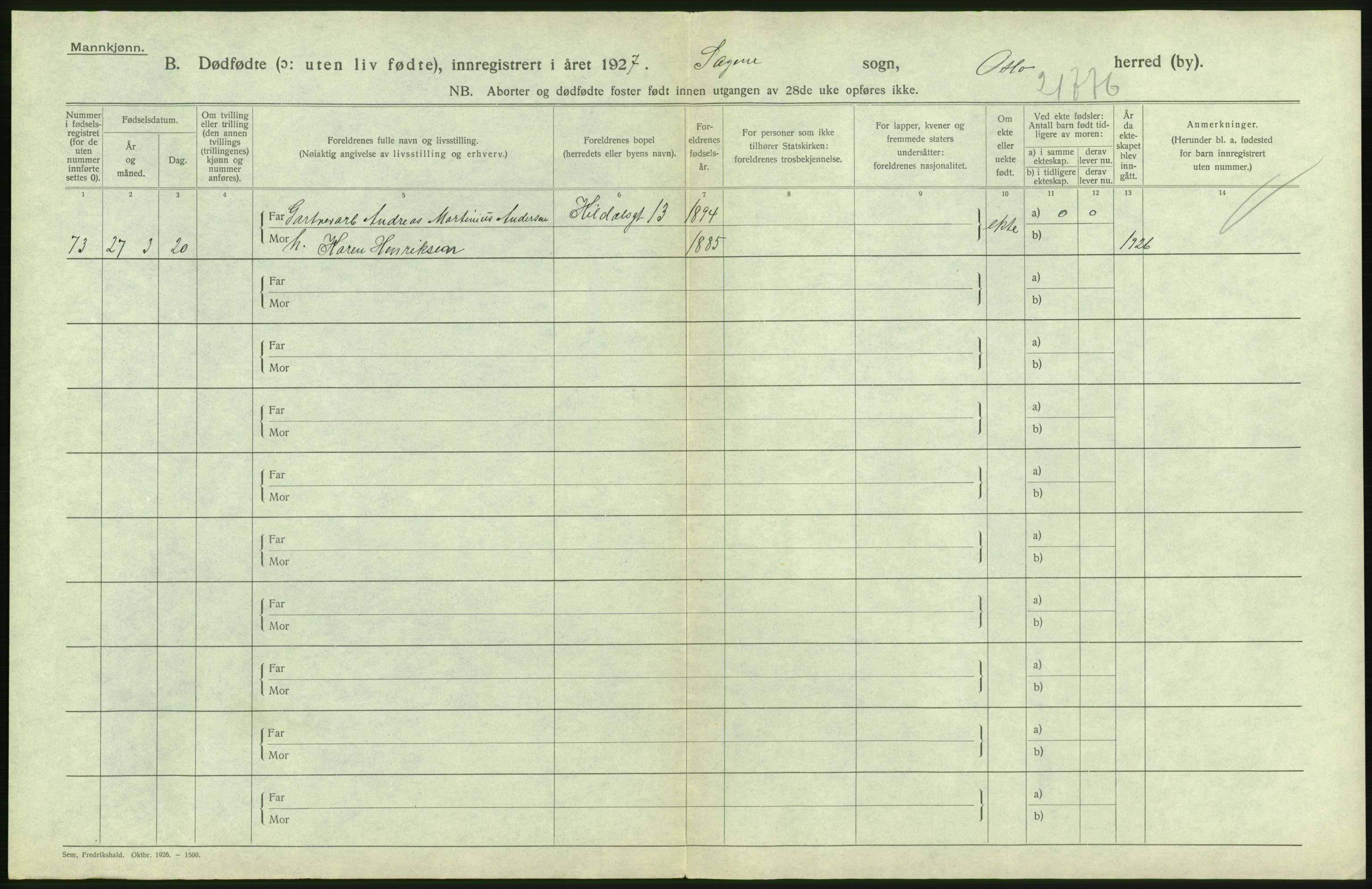 Statistisk sentralbyrå, Sosiodemografiske emner, Befolkning, AV/RA-S-2228/D/Df/Dfc/Dfcg/L0010: Oslo: Døde kvinner, dødfødte, 1927, p. 76