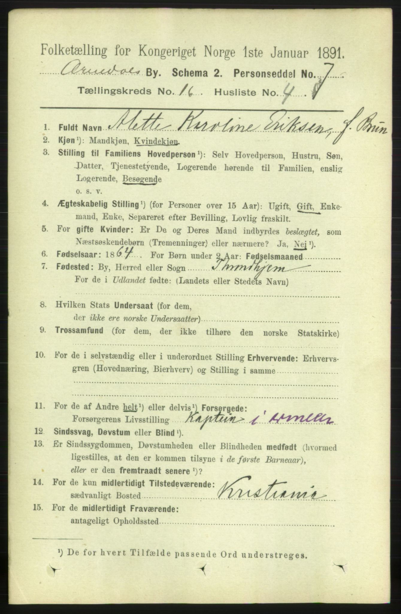 RA, 1891 census for 0903 Arendal, 1891, p. 5393