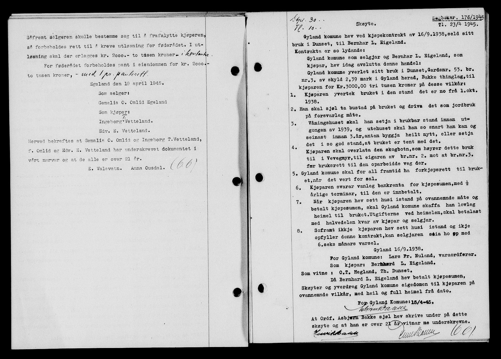 Flekkefjord sorenskriveri, SAK/1221-0001/G/Gb/Gba/L0059: Mortgage book no. A-7, 1944-1945, Diary no: : 178/1945