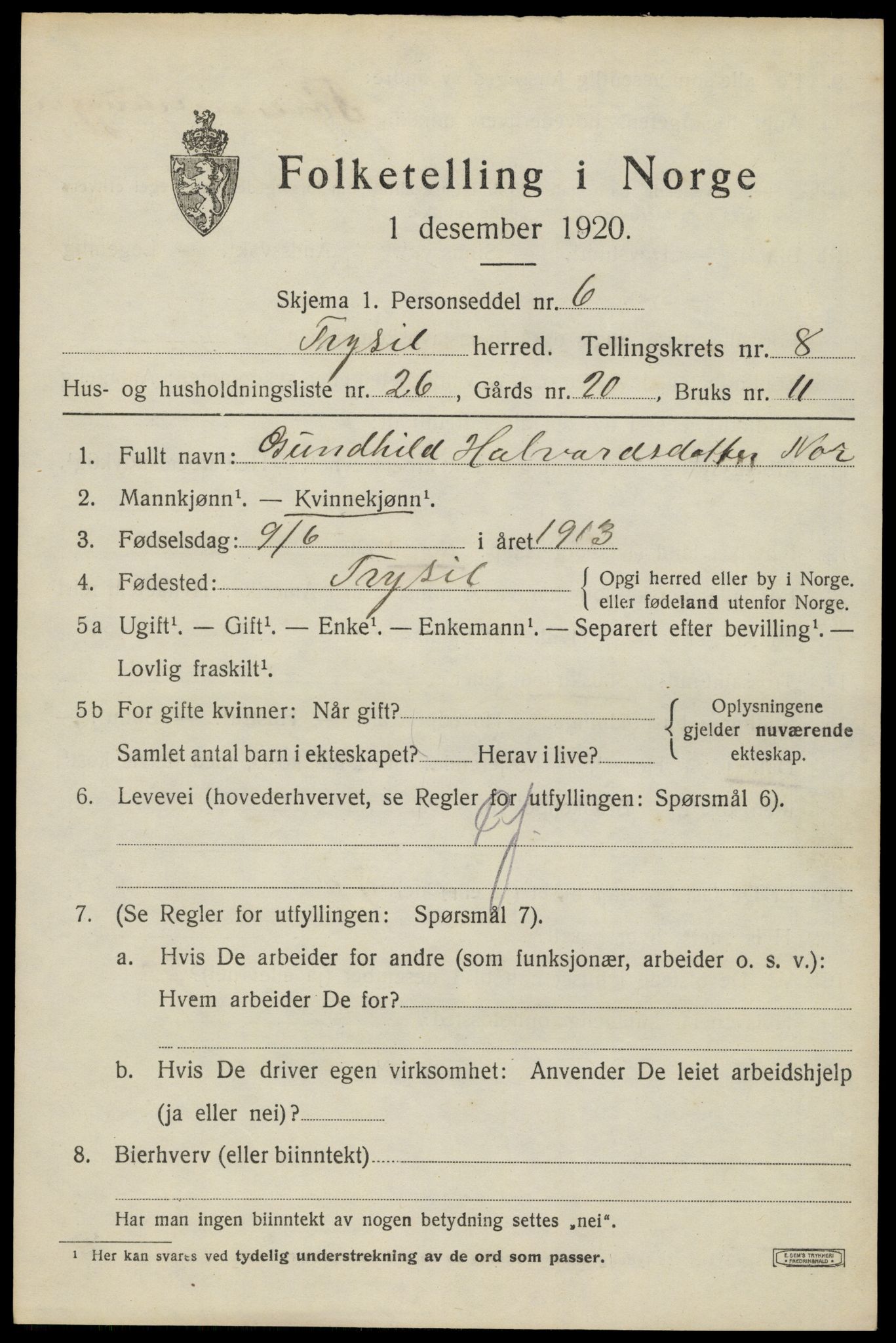 SAH, 1920 census for Trysil, 1920, p. 6553