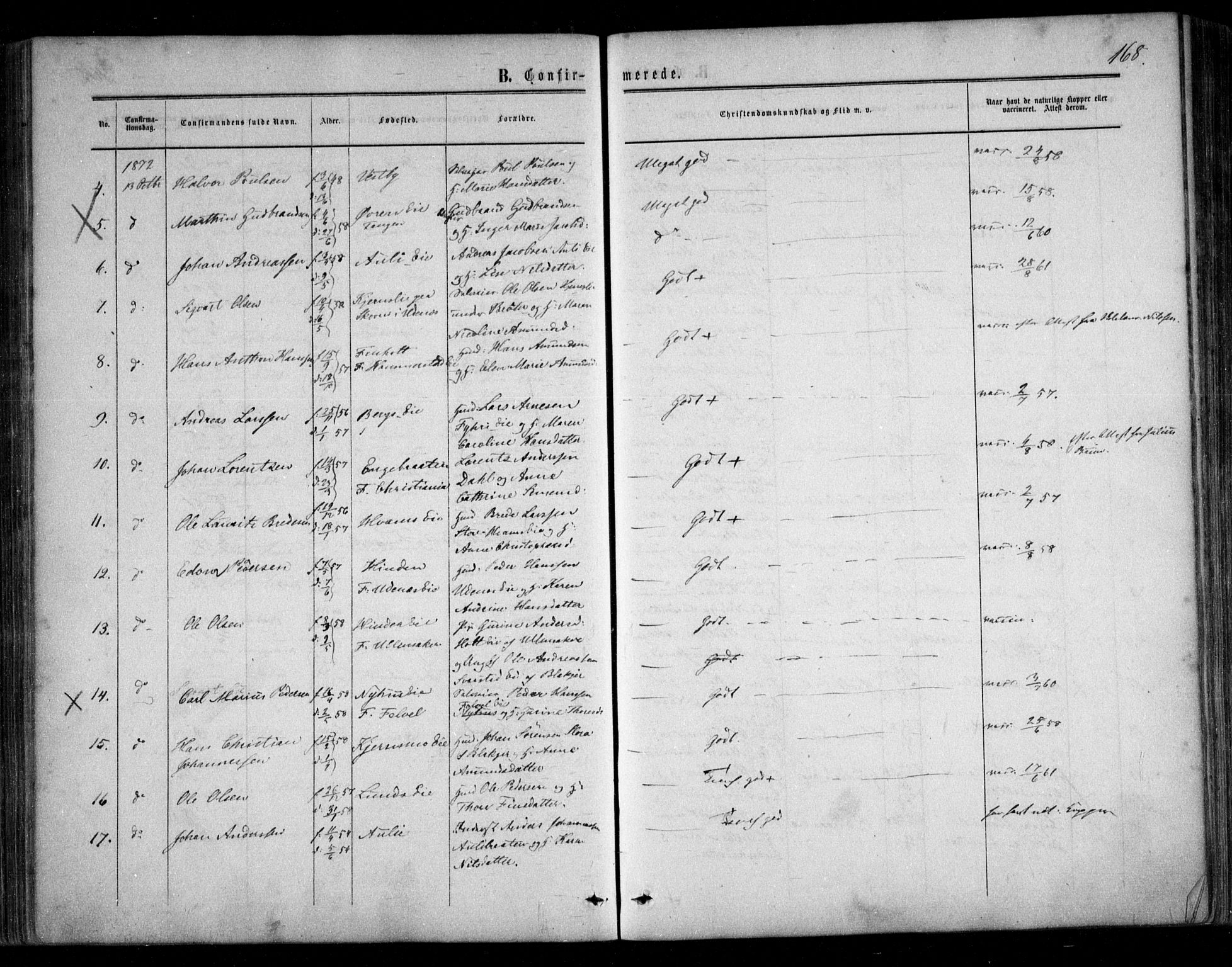 Nes prestekontor Kirkebøker, AV/SAO-A-10410/F/Fc/L0001: Parish register (official) no. III 1, 1859-1882, p. 168