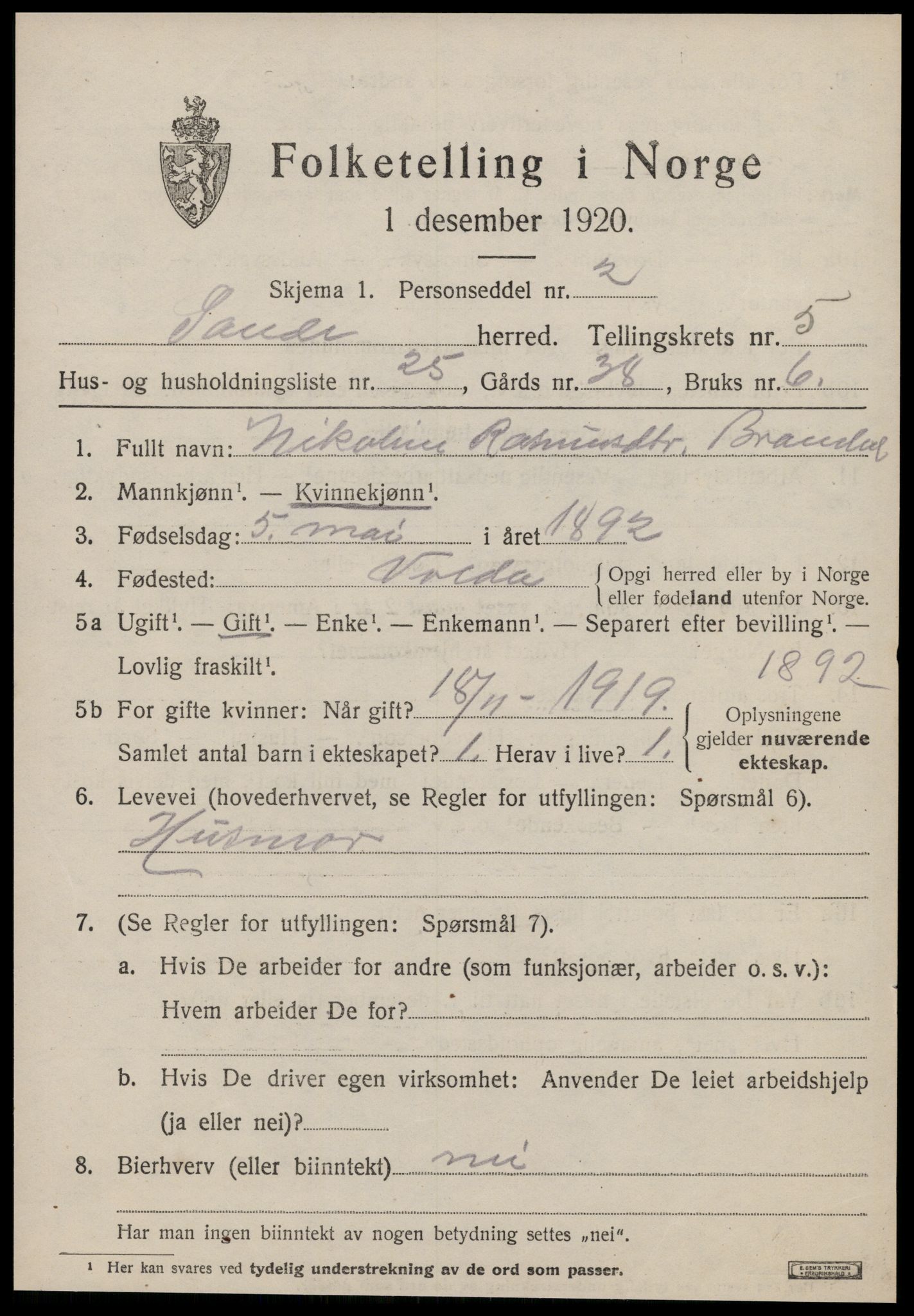 SAT, 1920 census for Sande (MR), 1920, p. 3522