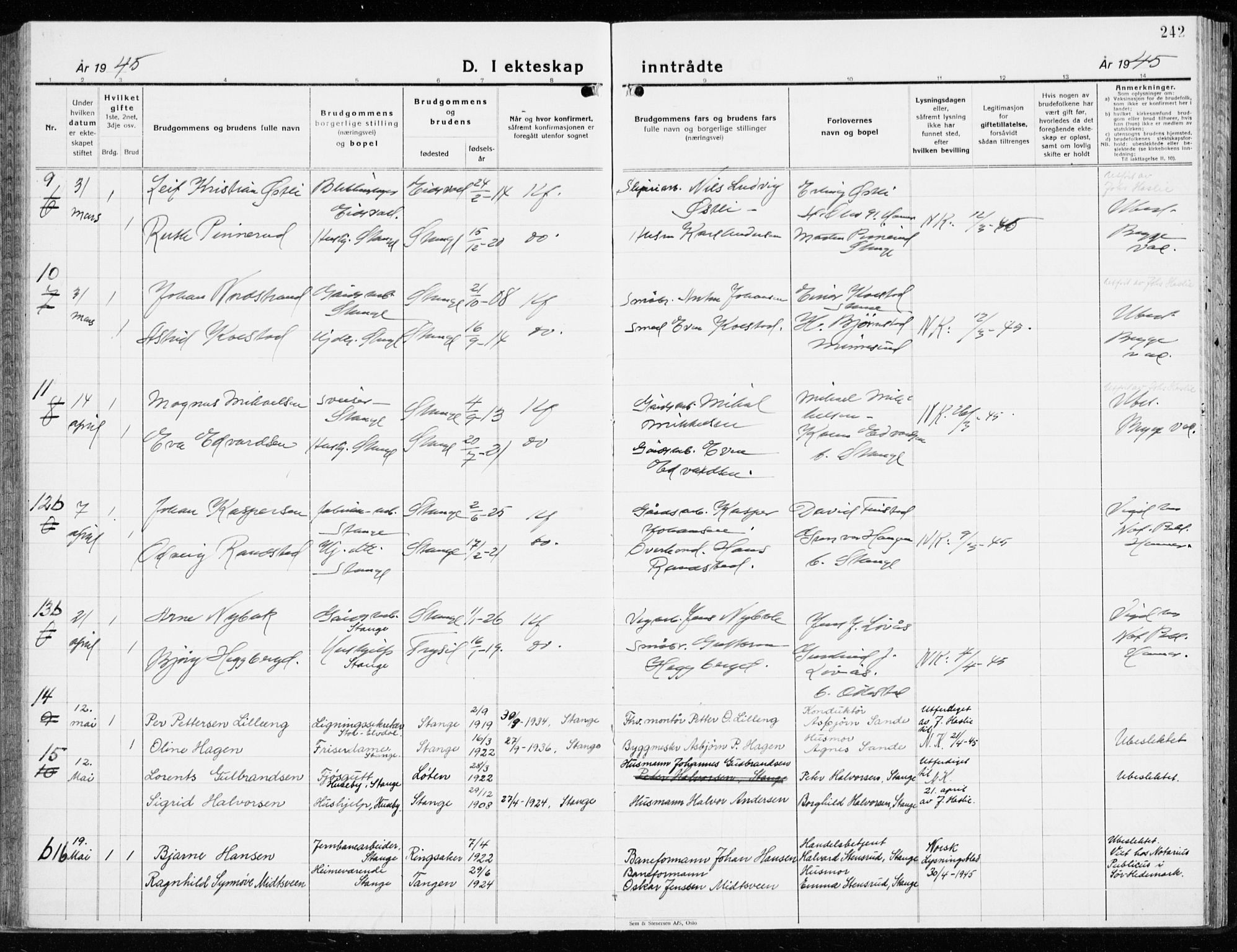 Stange prestekontor, SAH/PREST-002/K/L0027: Parish register (official) no. 27, 1937-1947, p. 242