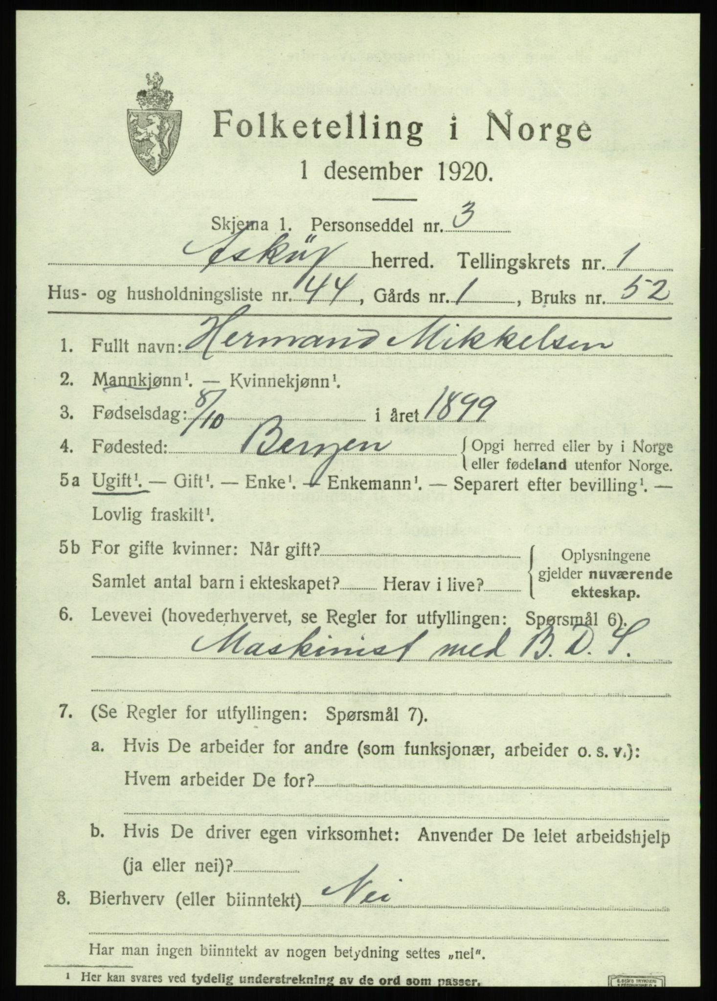 SAB, 1920 census for Askøy, 1920, p. 3954