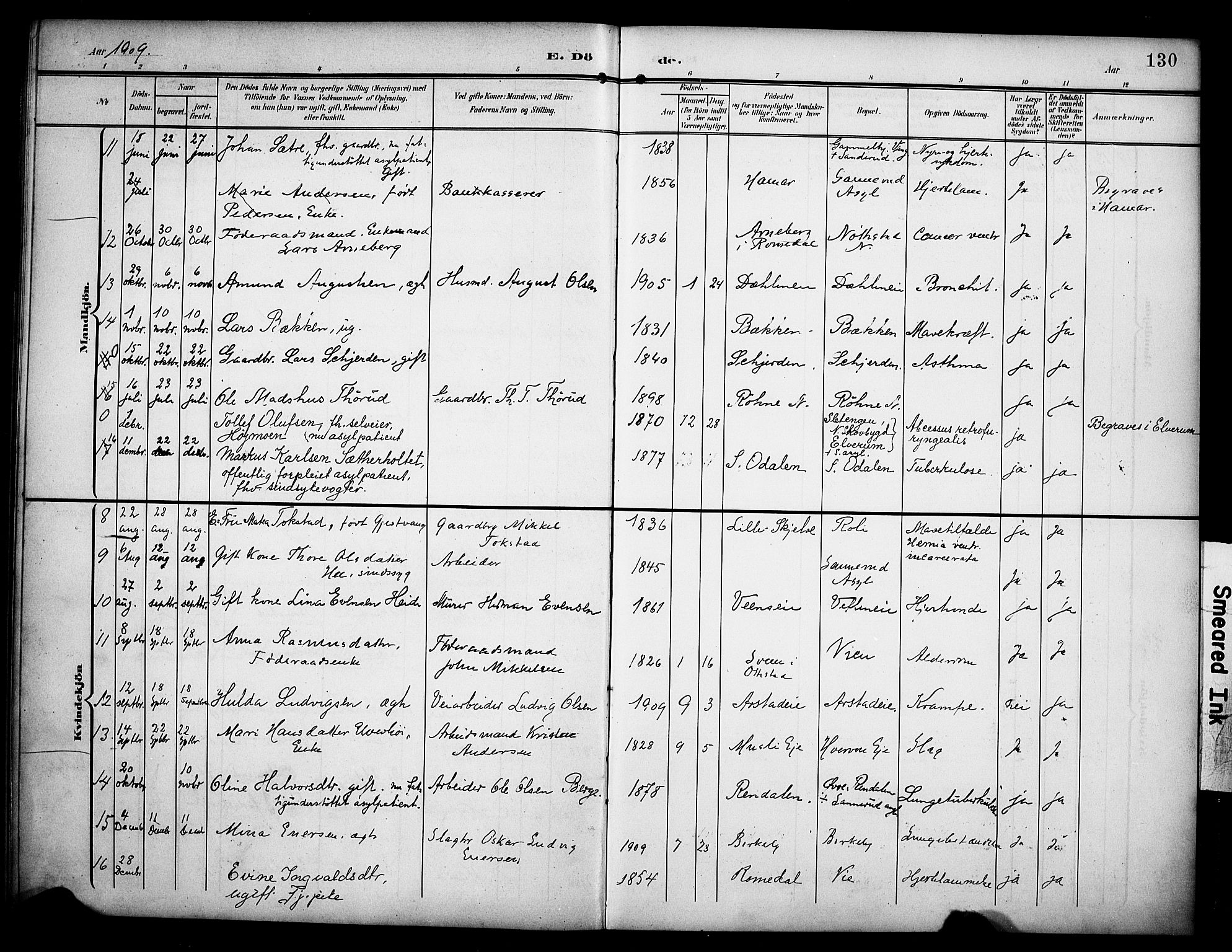 Stange prestekontor, AV/SAH-PREST-002/K/L0022: Parish register (official) no. 22, 1903-1914, p. 130