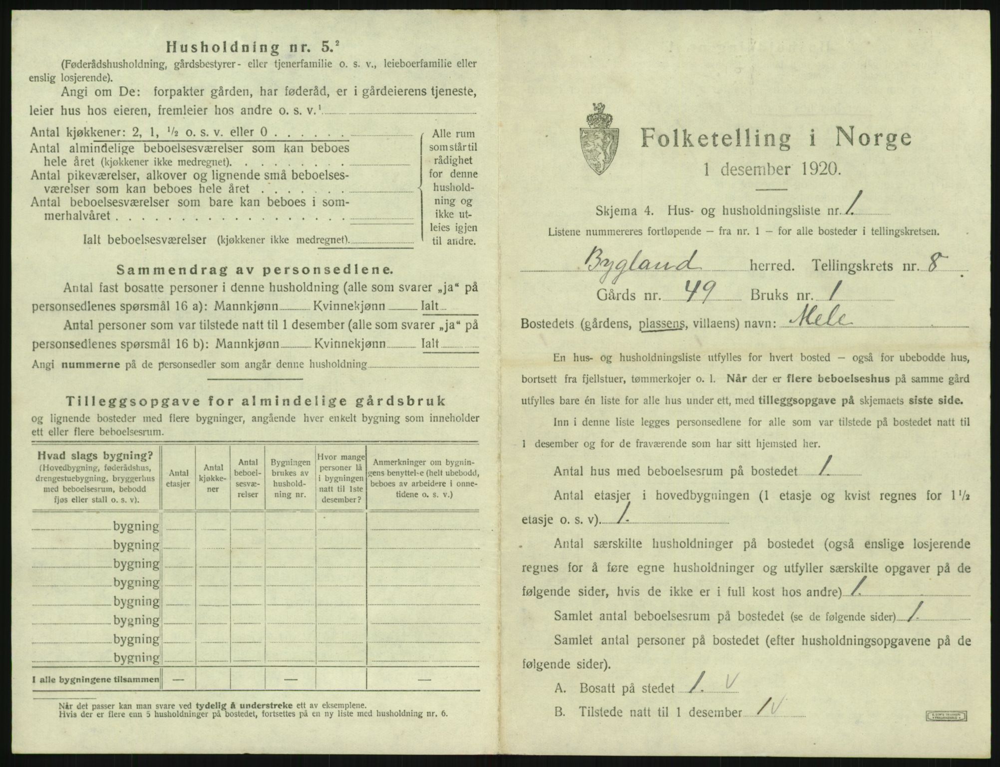 SAK, 1920 census for Bygland, 1920, p. 403