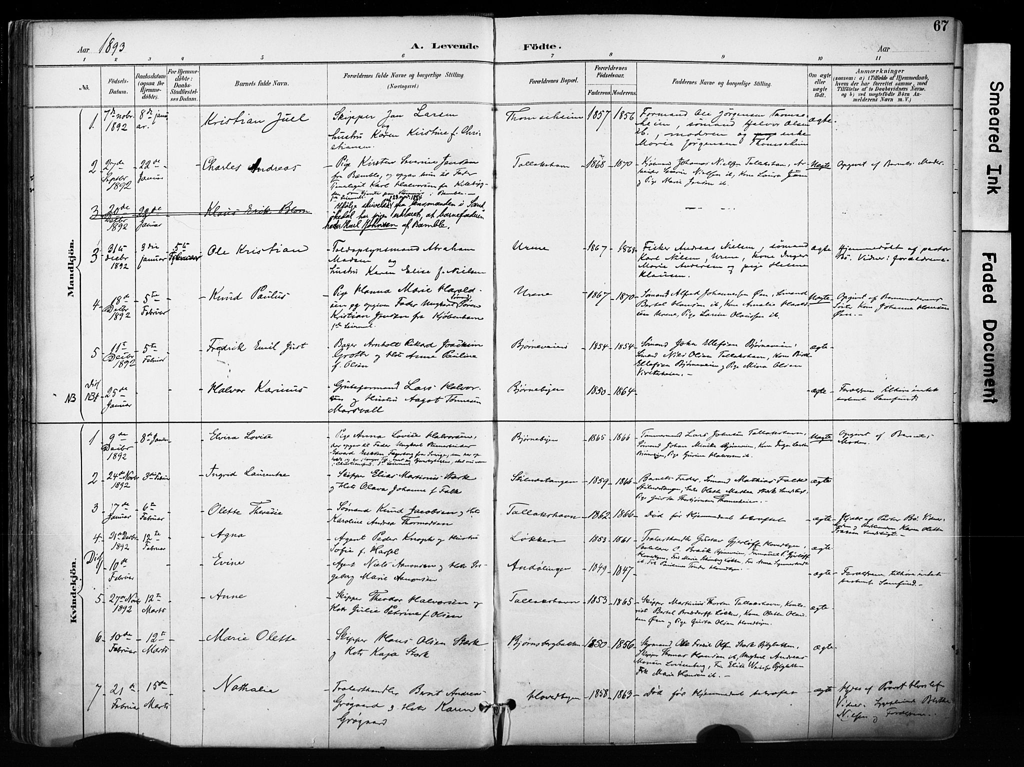 Kragerø kirkebøker, SAKO/A-278/F/Fa/L0013: Parish register (official) no. 13, 1887-1915, p. 67