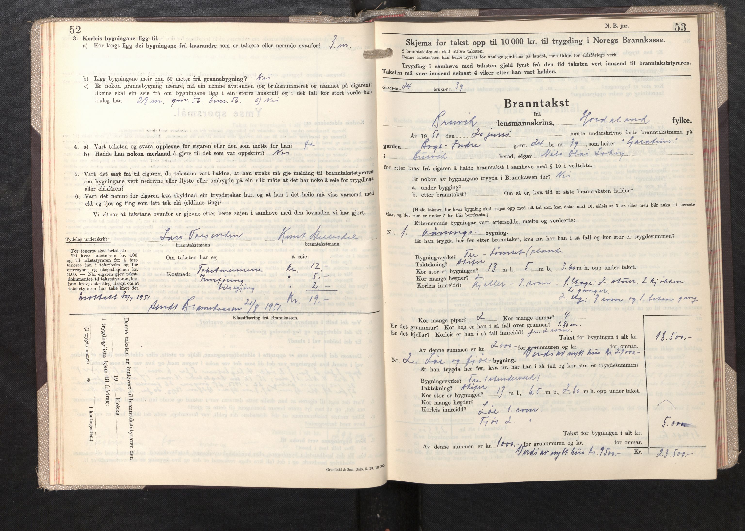 Lensmannen i Bruvik, AV/SAB-A-31301/0012/L0012: Branntakstprotokoll, skjematakst, 1949-1955, p. 52-53