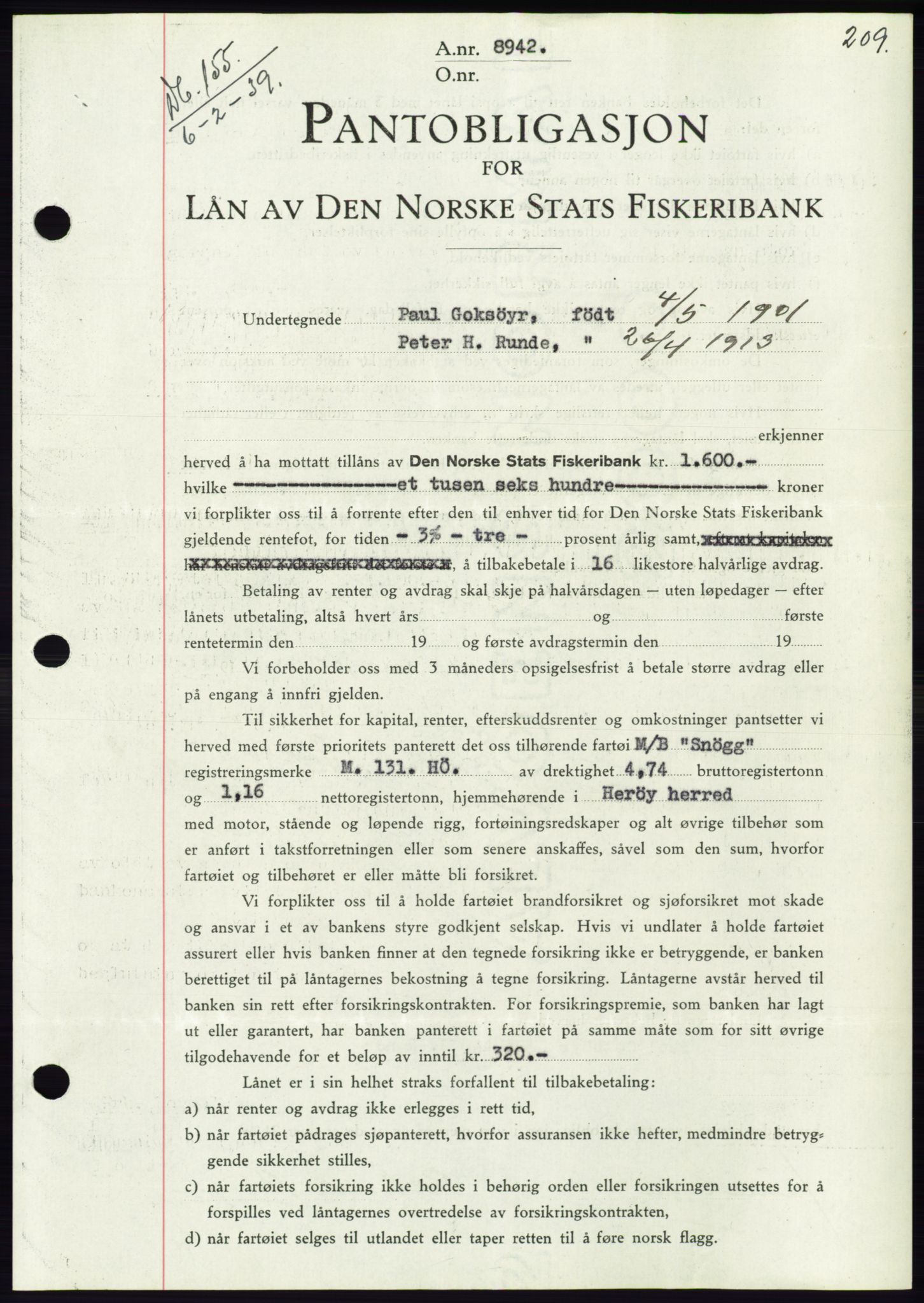 Søre Sunnmøre sorenskriveri, AV/SAT-A-4122/1/2/2C/L0067: Mortgage book no. 61, 1938-1939, Diary no: : 155/1939