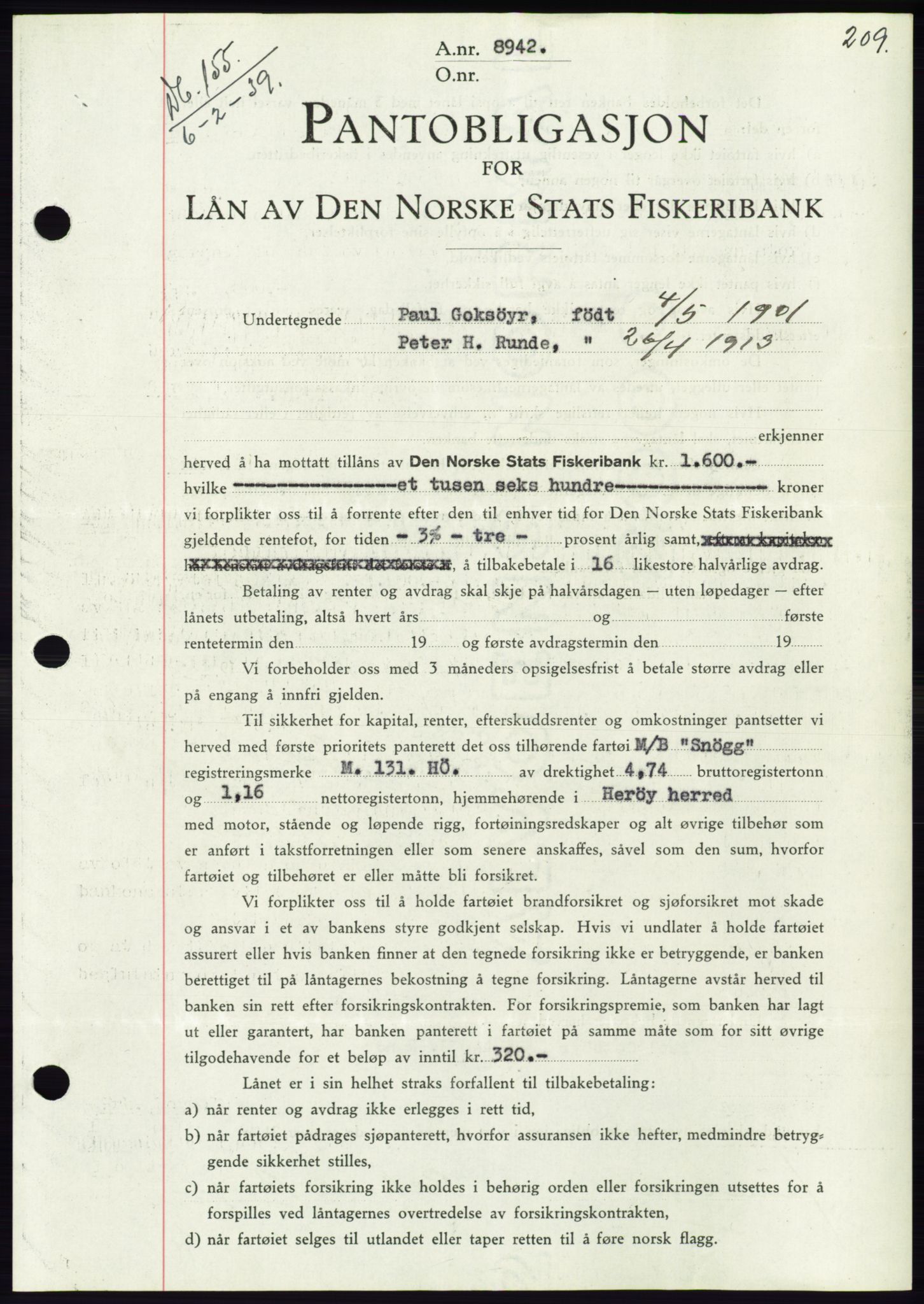 Søre Sunnmøre sorenskriveri, AV/SAT-A-4122/1/2/2C/L0067: Mortgage book no. 61, 1938-1939, Diary no: : 155/1939