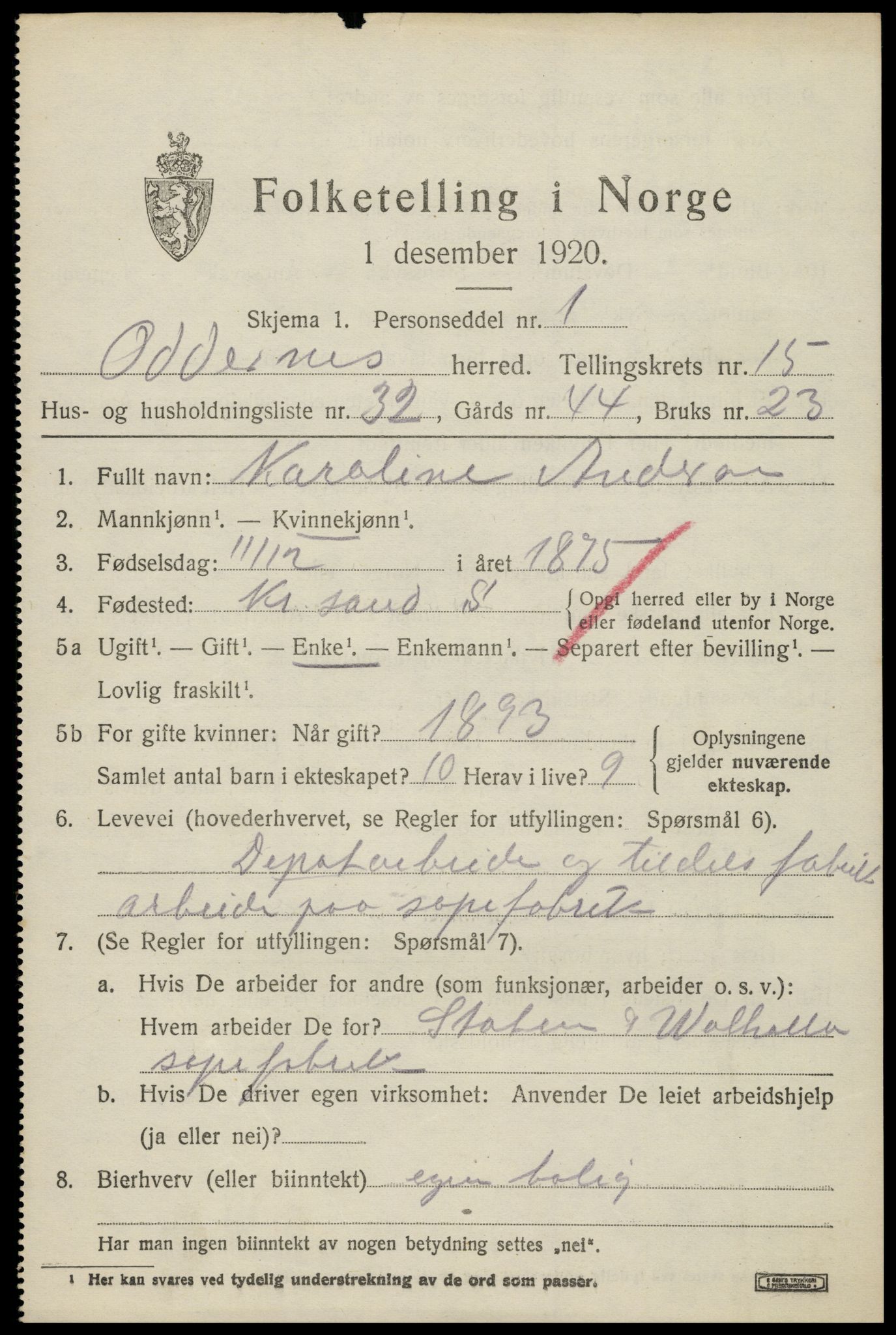 SAK, 1920 census for Oddernes, 1920, p. 10341