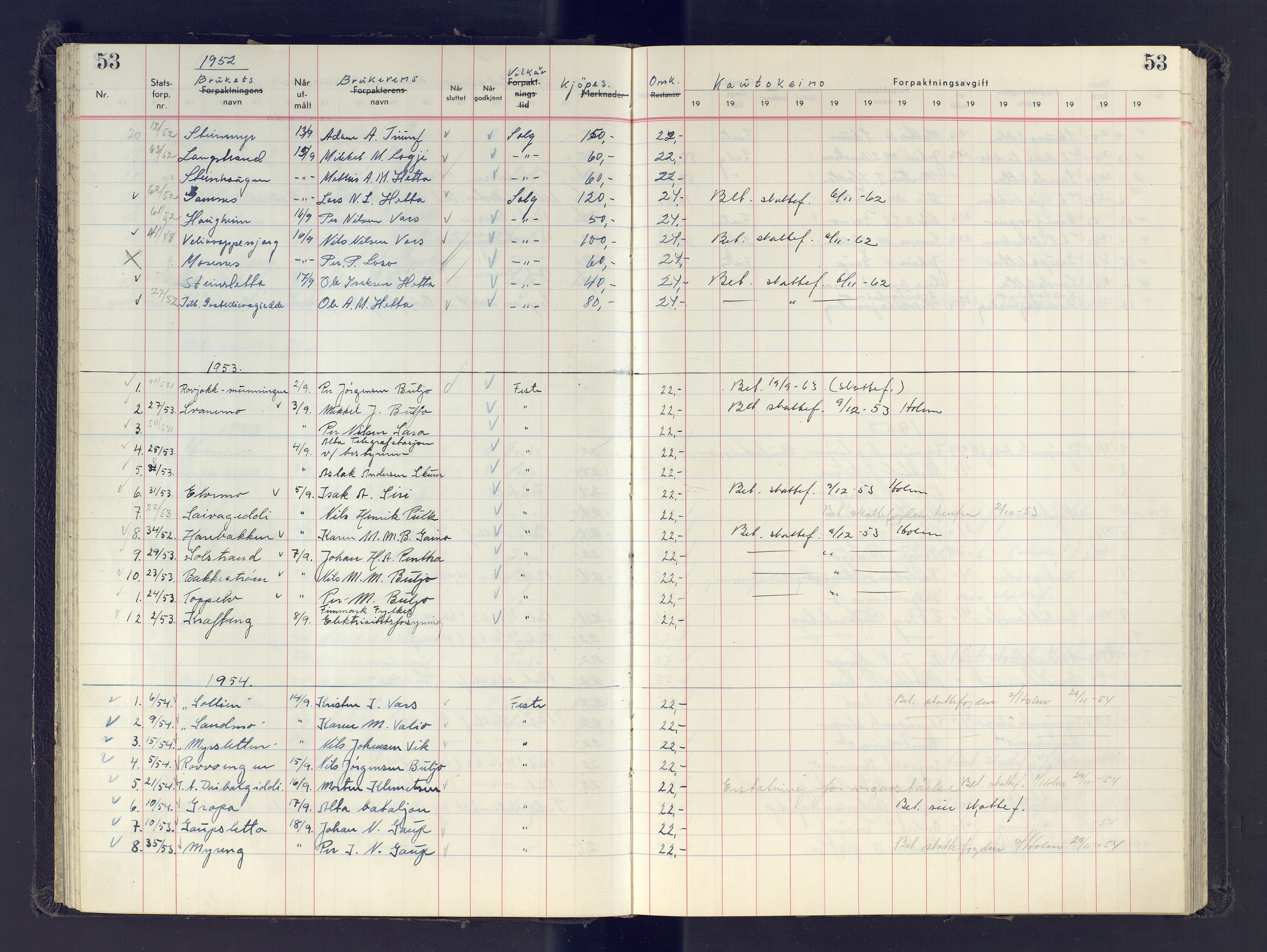 Finnmark jordsalgskommisjon/jordsalgskontor og Statskog SF Finnmark jordsalgskontor, AV/SATØ-S-1443/J/Jb/L0001: Protokoll for salg og forpaktning, 1948-1958, p. 53