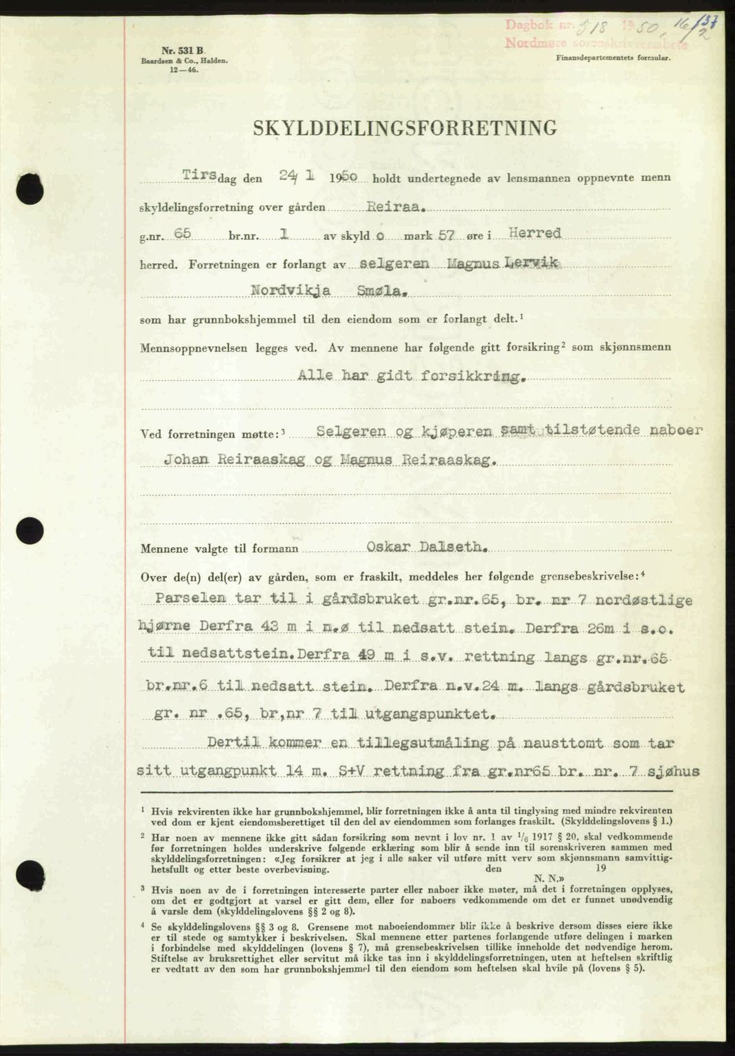 Nordmøre sorenskriveri, AV/SAT-A-4132/1/2/2Ca: Mortgage book no. A114, 1950-1950, Diary no: : 518/1950