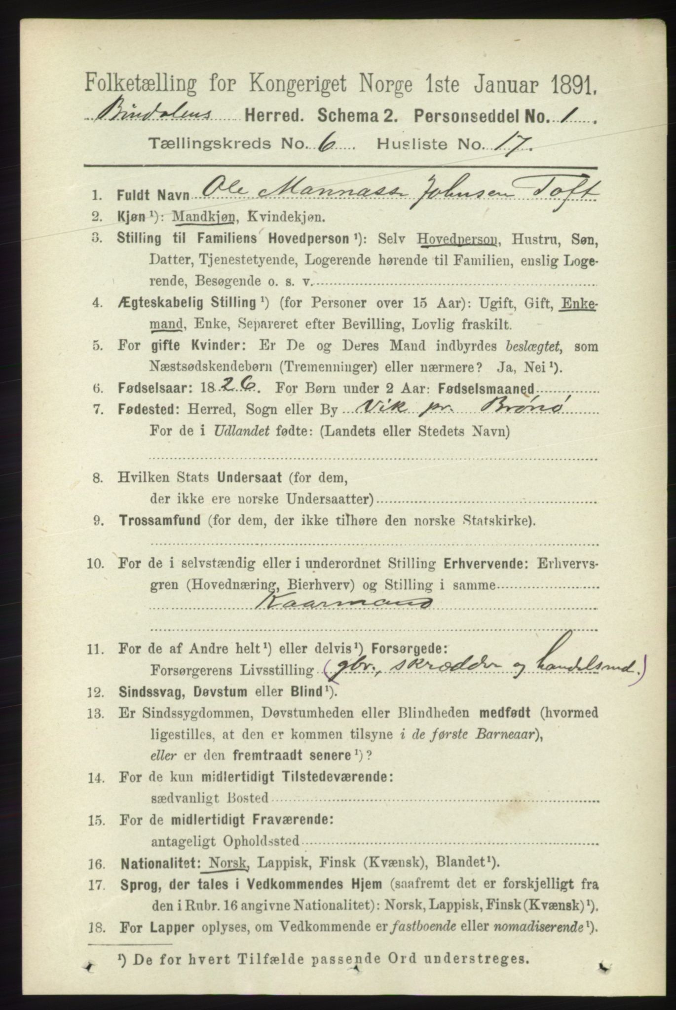 RA, 1891 census for 1811 Bindal, 1891, p. 1823