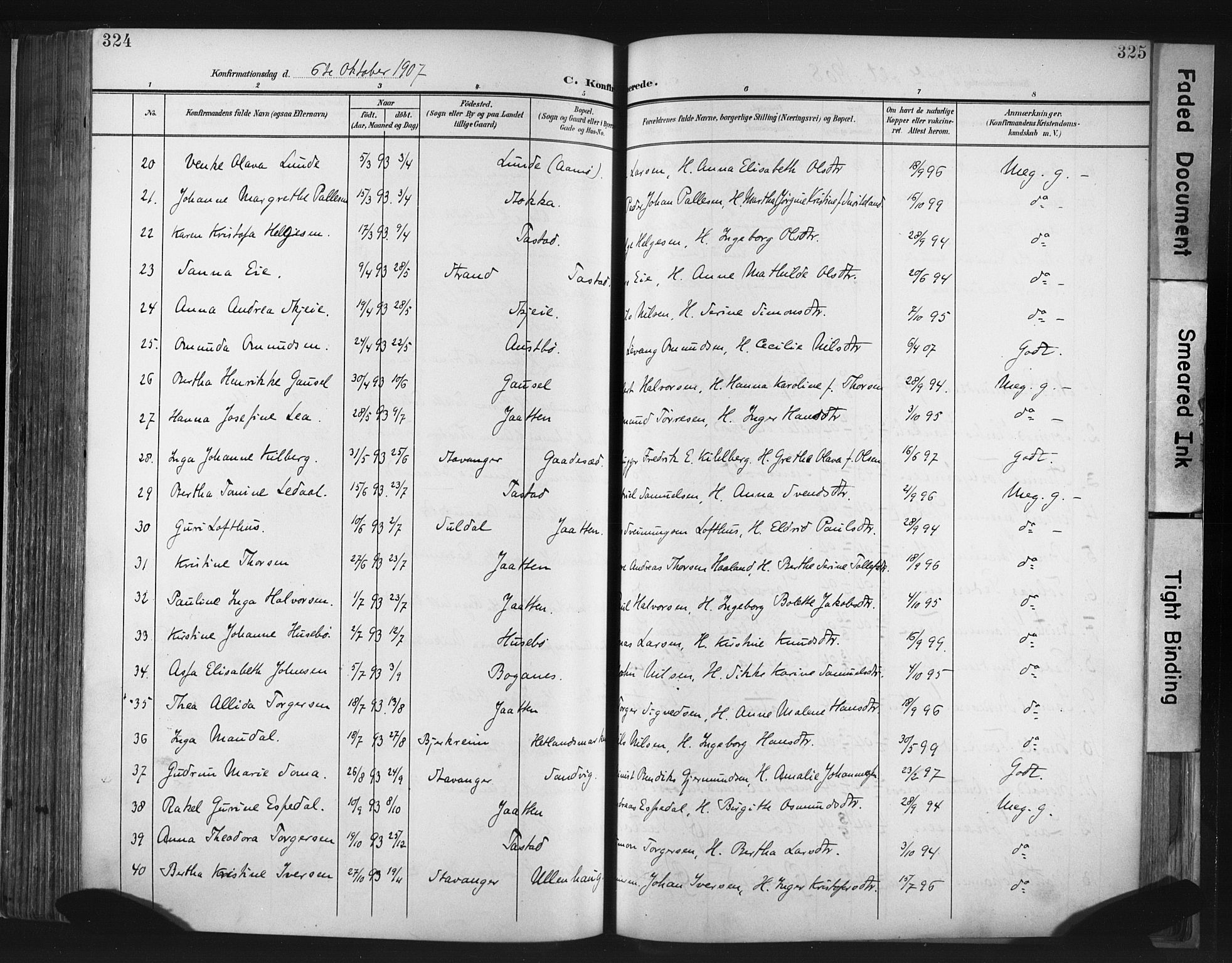Hetland sokneprestkontor, SAST/A-101826/30/30BA/L0013: Parish register (official) no. A 13, 1904-1918, p. 324-325