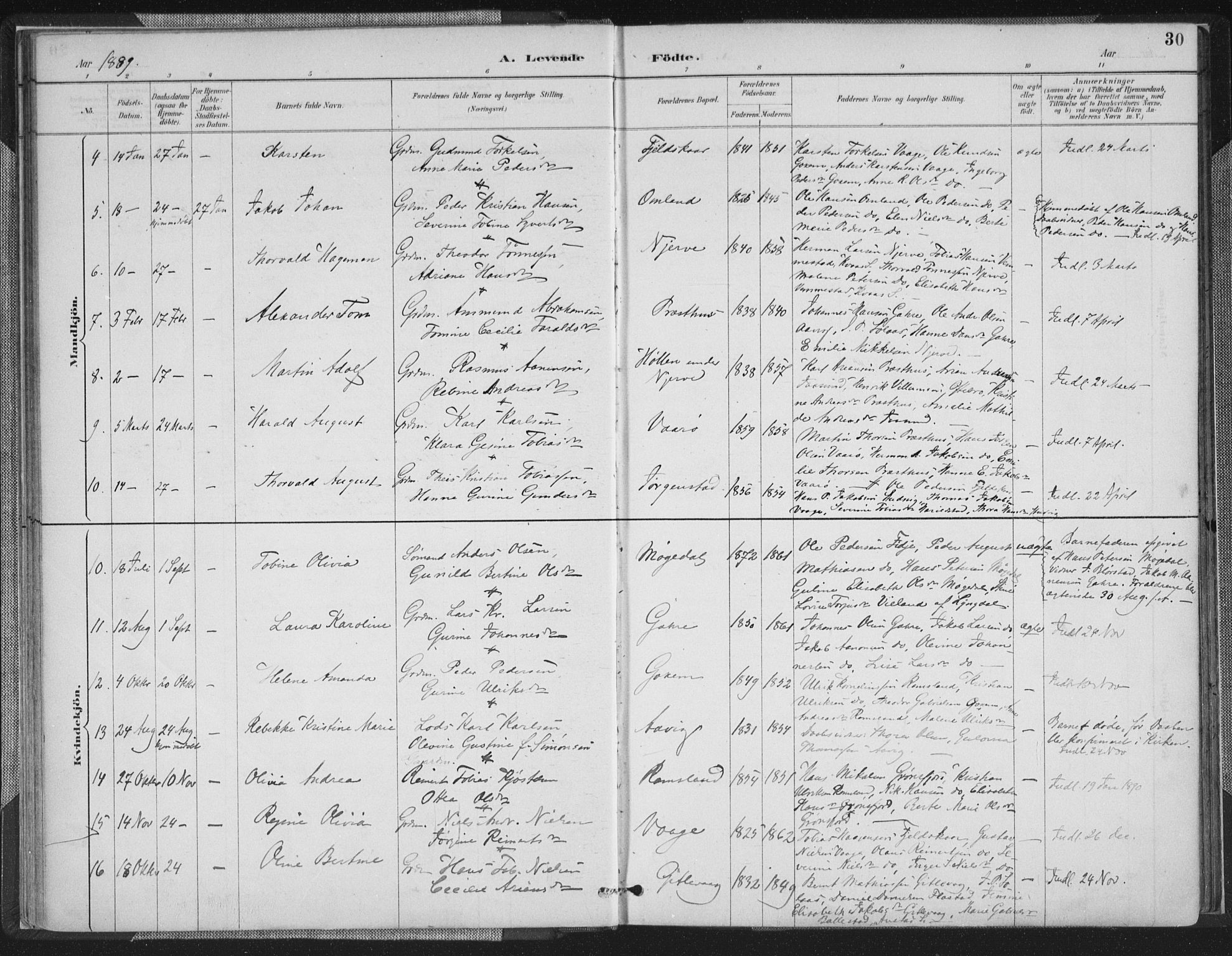 Sør-Audnedal sokneprestkontor, AV/SAK-1111-0039/F/Fa/Faa/L0004: Parish register (official) no. A 4, 1884-1909, p. 30