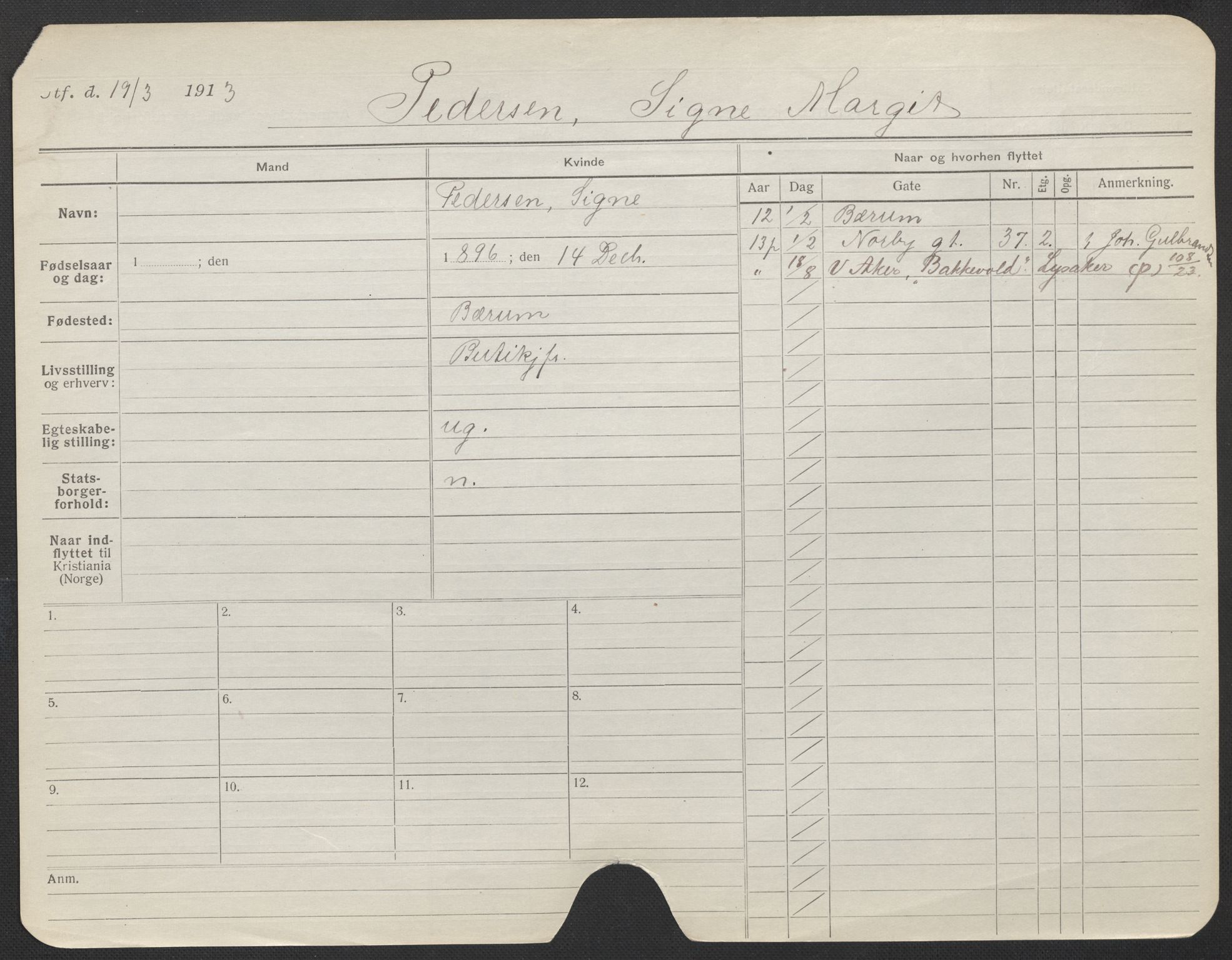 Oslo folkeregister, Registerkort, AV/SAO-A-11715/F/Fa/Fac/L0022: Kvinner, 1906-1914, p. 875a