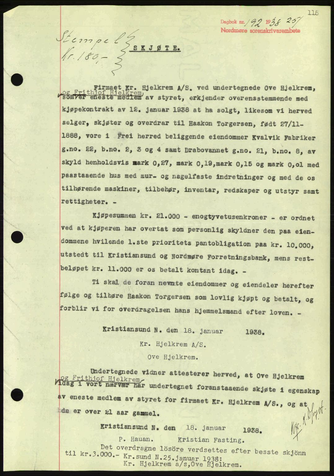 Nordmøre sorenskriveri, AV/SAT-A-4132/1/2/2Ca: Mortgage book no. A83, 1938-1938, Diary no: : 192/1938