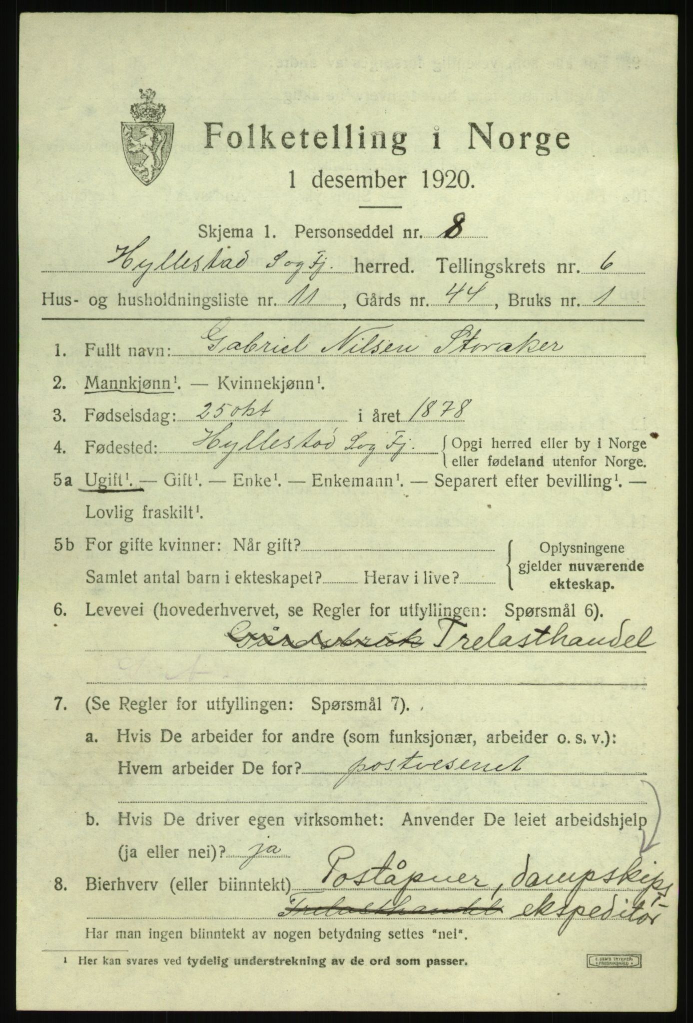 SAB, 1920 census for Hyllestad, 1920, p. 2802