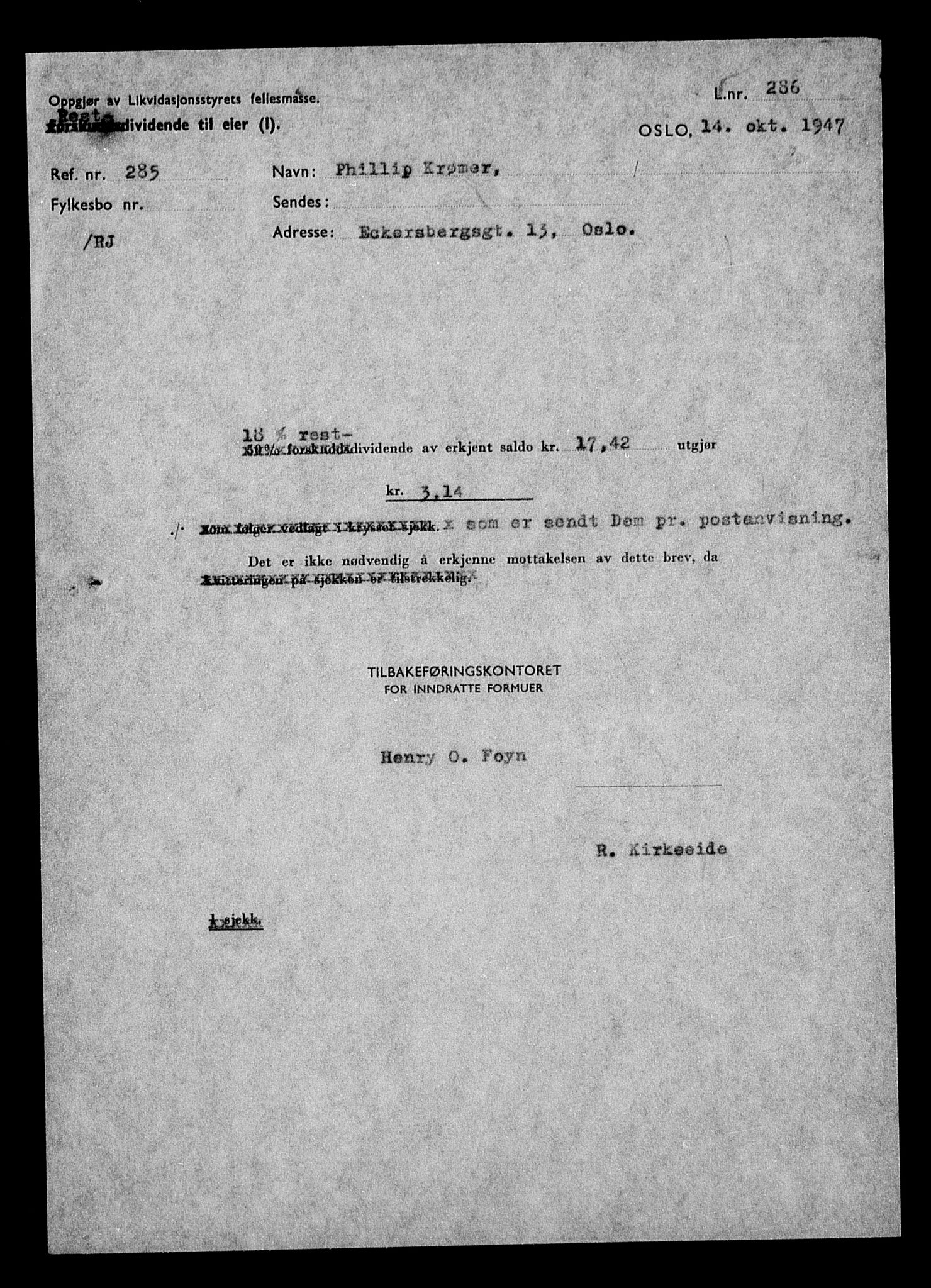 Justisdepartementet, Tilbakeføringskontoret for inndratte formuer, AV/RA-S-1564/H/Hc/Hcc/L0954: --, 1945-1947, p. 189