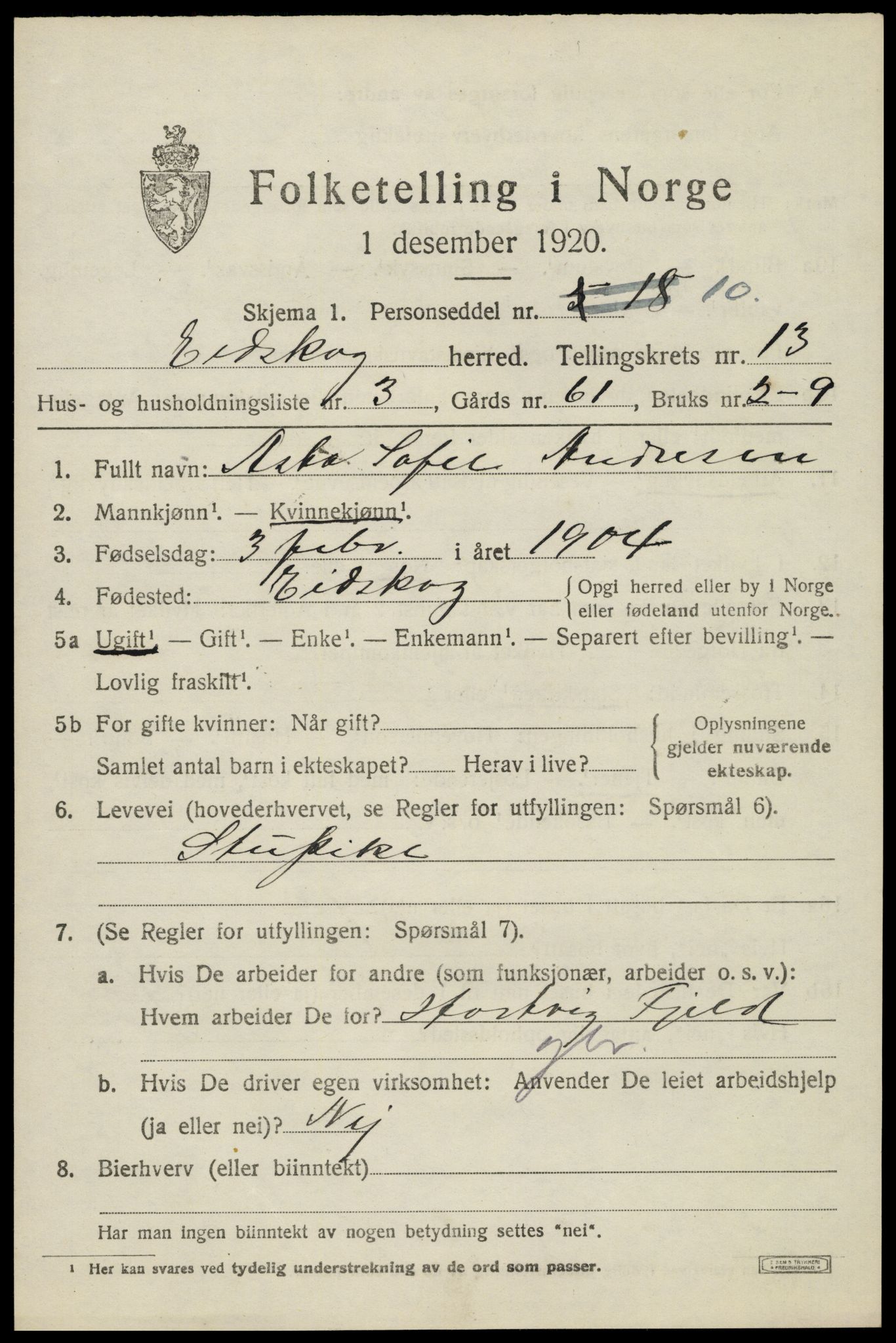 SAH, 1920 census for Eidskog, 1920, p. 12153