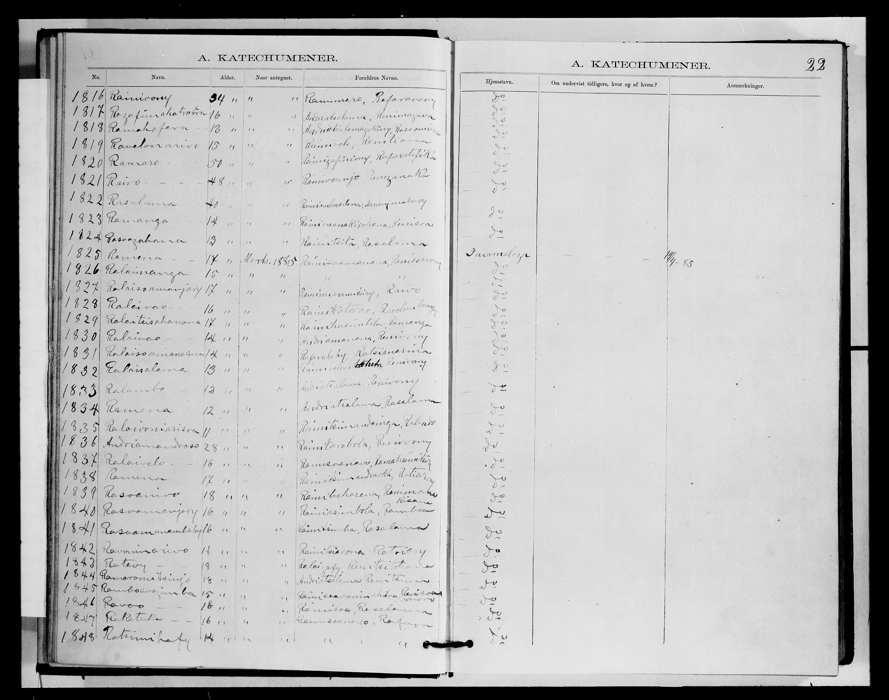 Archives FLM/NMS, Madagaskar, VID/MA-A-1163/D/Db/L0270: Parish register (official) no. 2, 1883-1886, p. 22