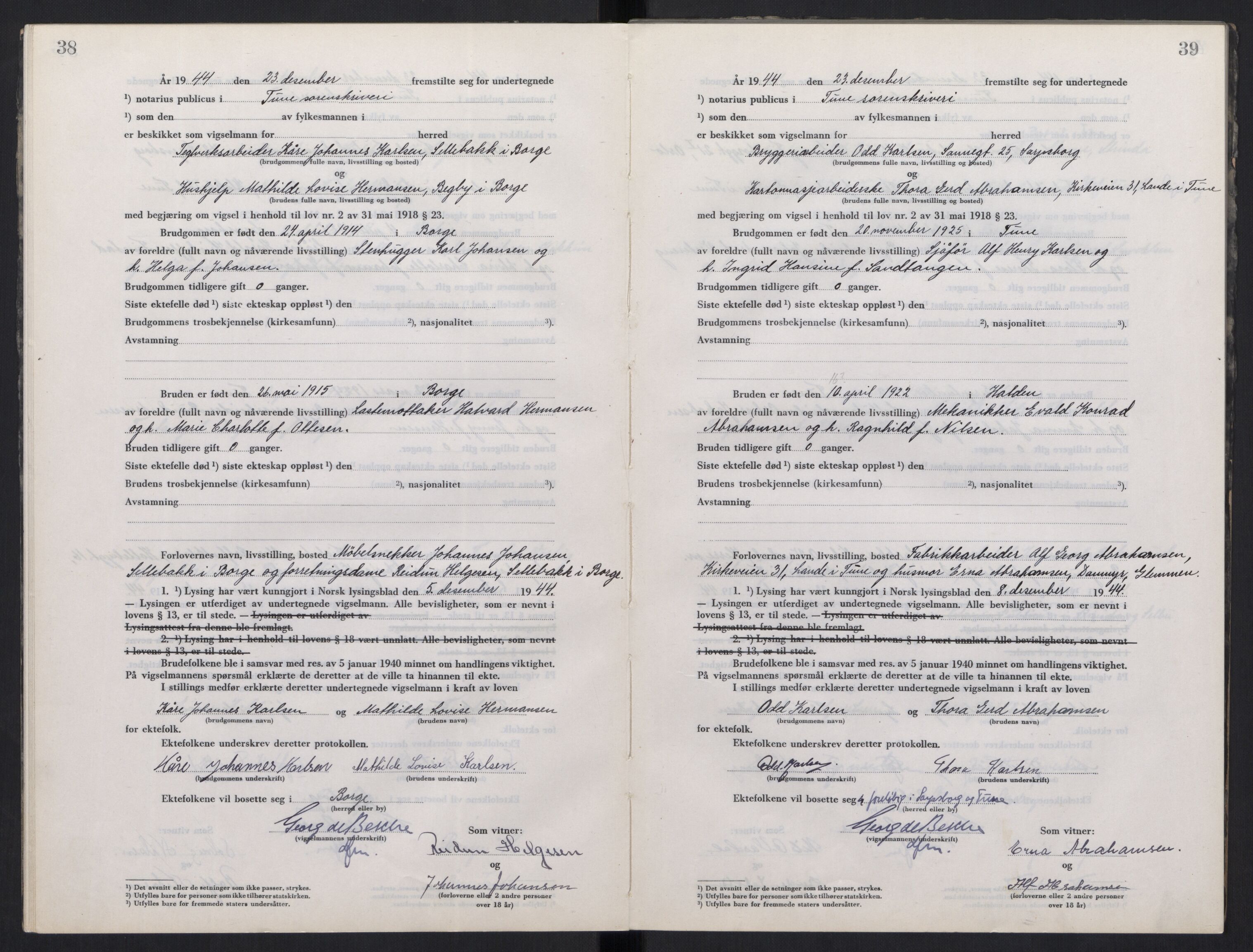 Tune sorenskriveri, AV/SAO-A-10470/L/Lb/L0003: Vigselprotokoll, 1944-1951, p. 38-39
