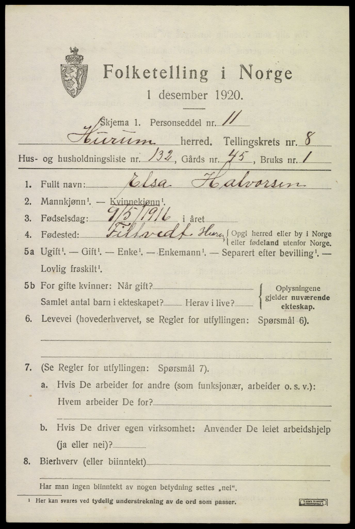 SAKO, 1920 census for Hurum, 1920, p. 11842