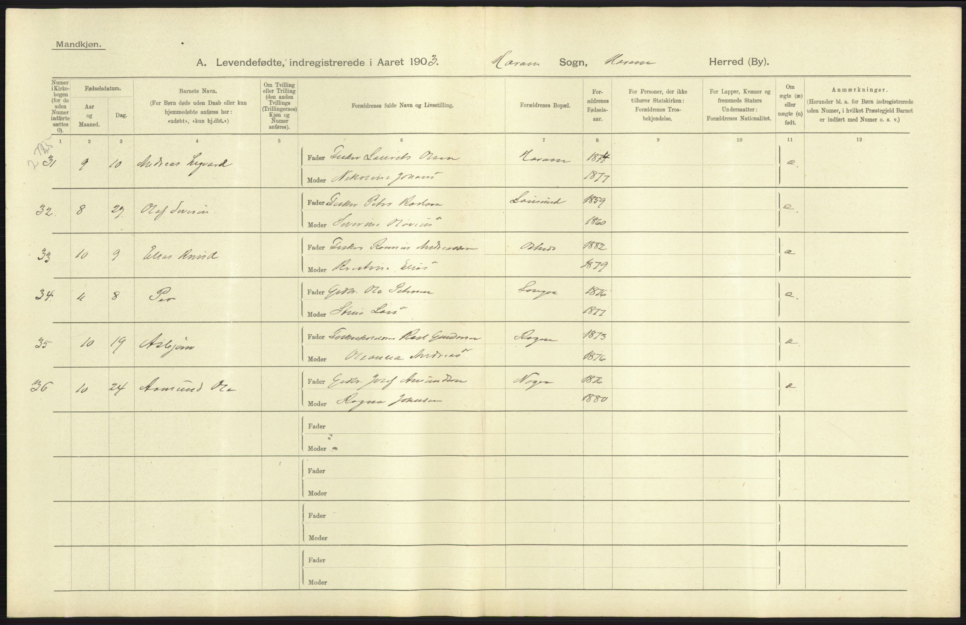 Statistisk sentralbyrå, Sosiodemografiske emner, Befolkning, AV/RA-S-2228/D/Df/Dfa/Dfaa/L0016: Romsdal amt: Fødte, gifte, døde., 1903, p. 25