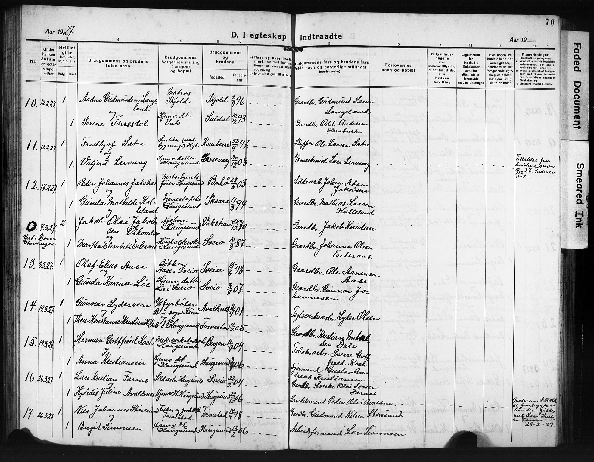 Haugesund sokneprestkontor, AV/SAST-A -101863/H/Ha/Hab/L0010: Parish register (copy) no. B 10, 1920-1931, p. 70