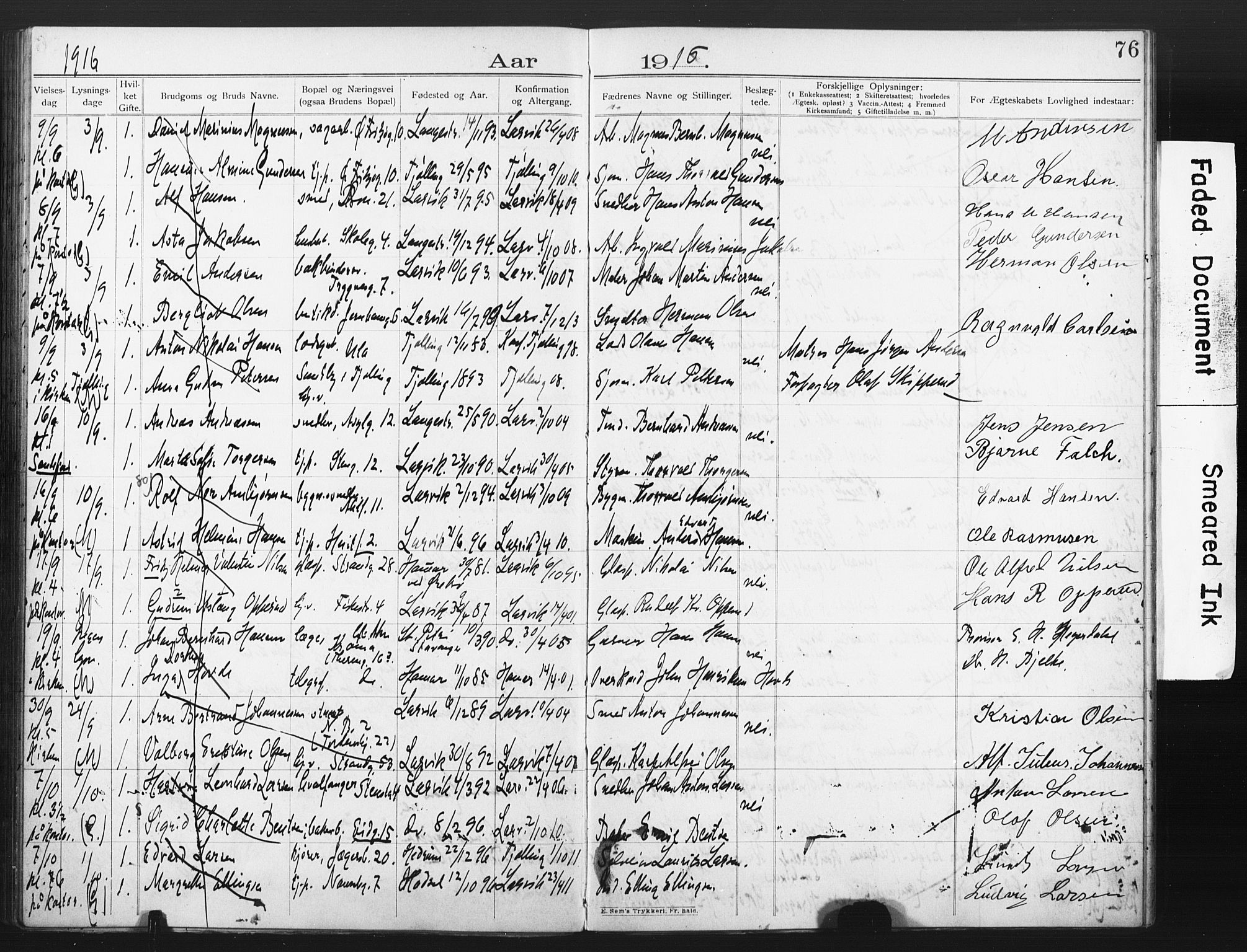 Larvik kirkebøker, AV/SAKO-A-352/H/Ha/L0003: Banns register no. 3, 1907-1918, p. 76